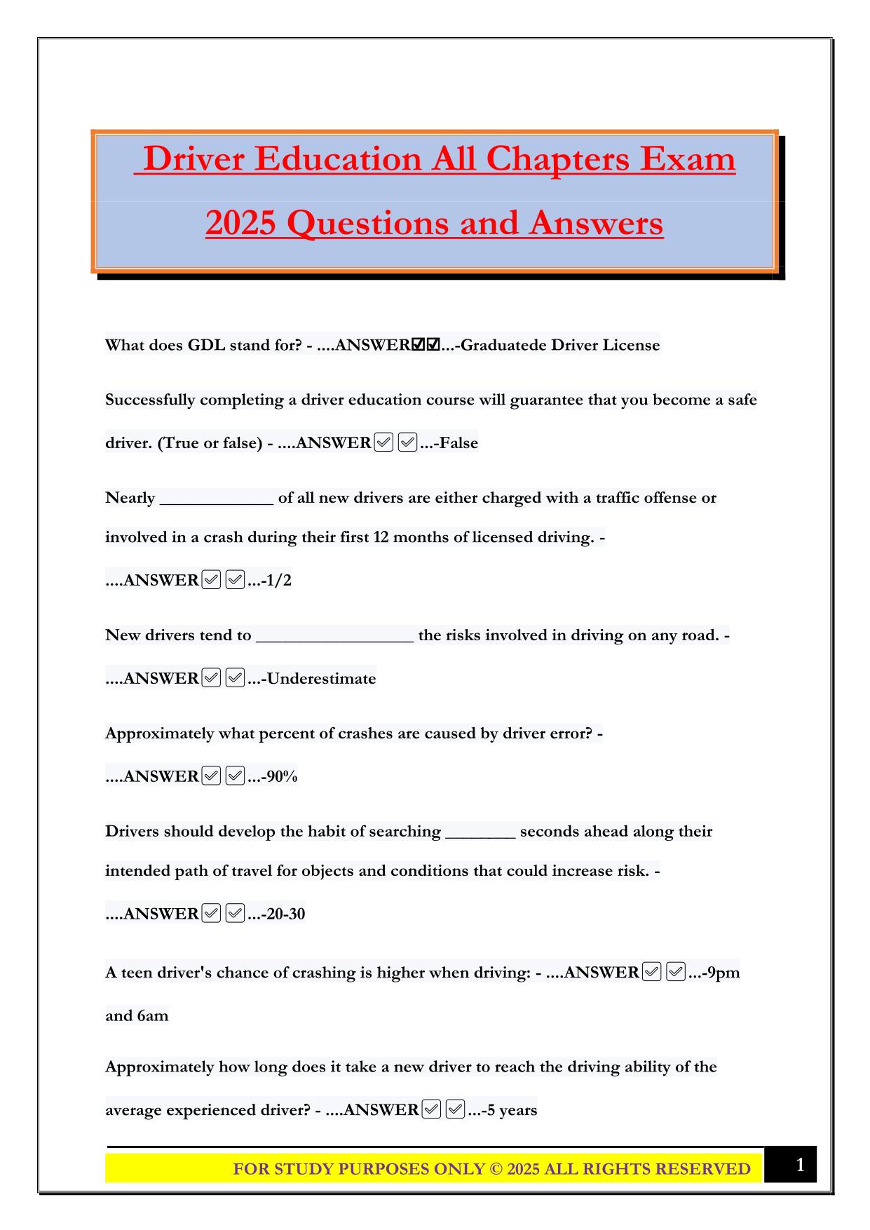 Driver Education All Chapters Exam 2025 Questions and Answers