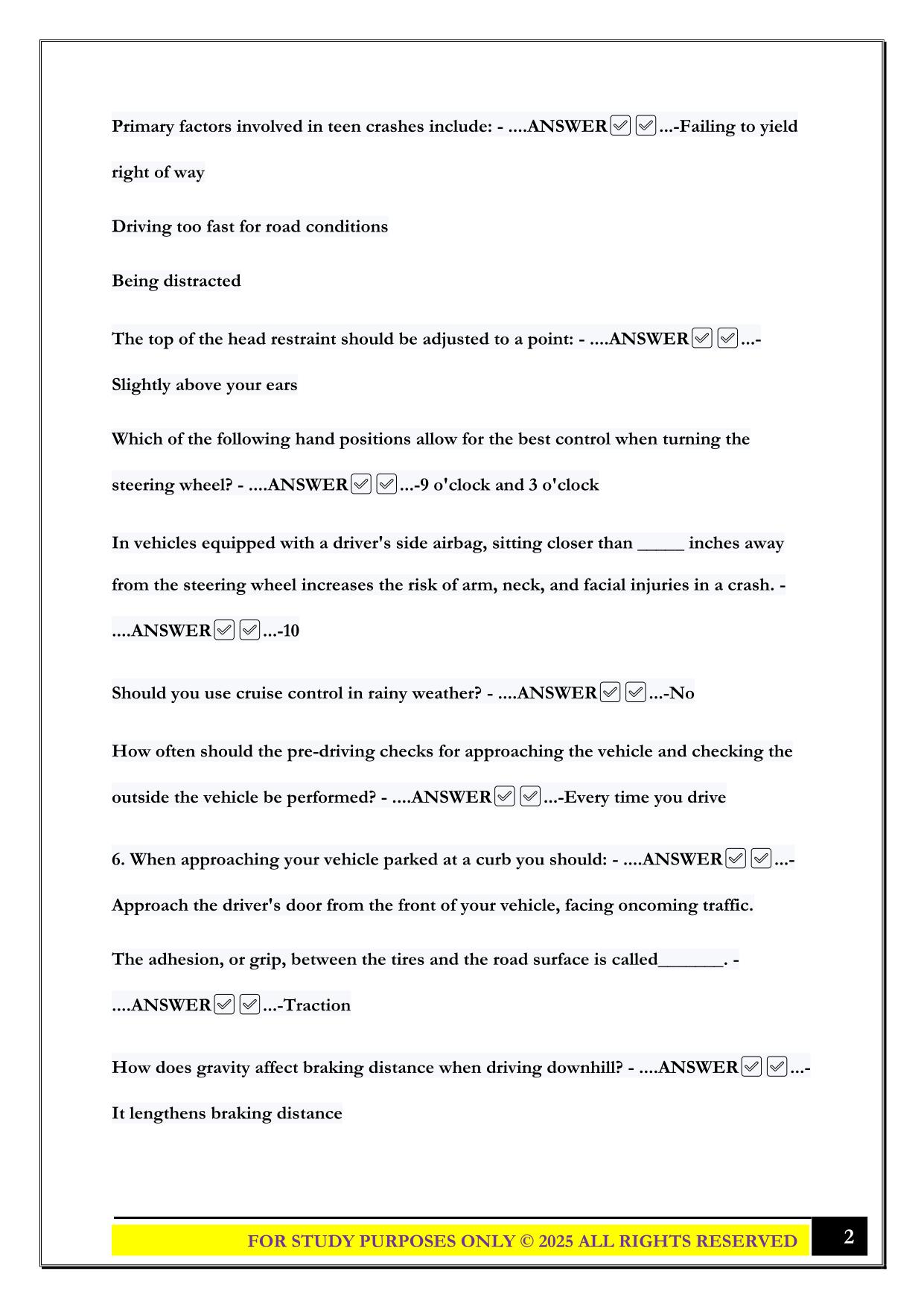 Driver Education All Chapters Exam 2025 Questions and Answers