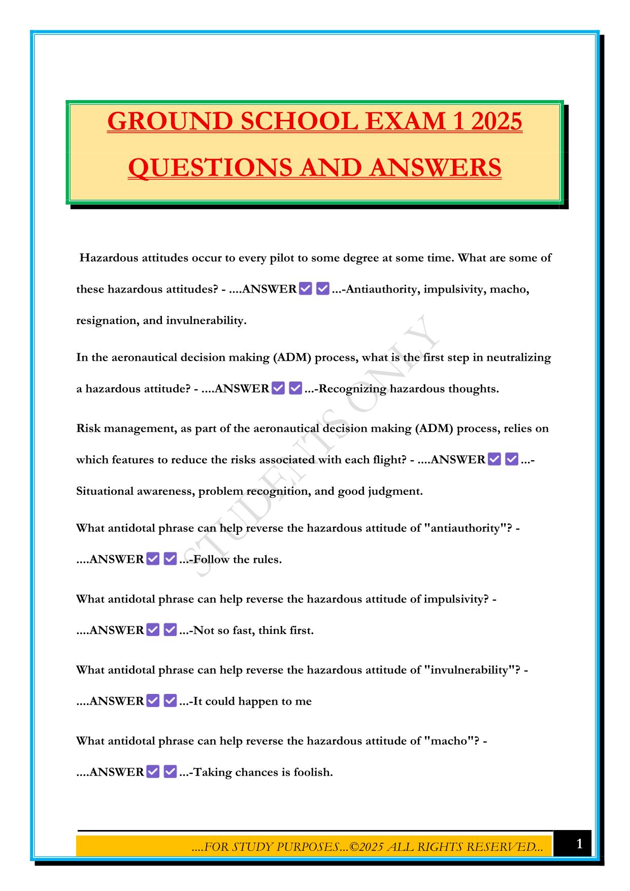GROUND SCHOOL EXAM 1 2025 QUESTIONS AND ANSWERS