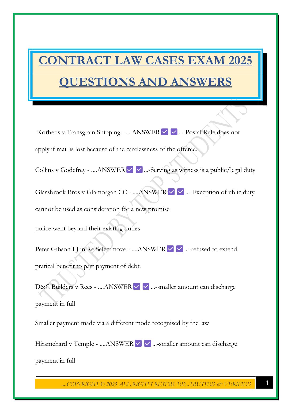 CONTRACT LAW CASES EXAM 2025 QUESTIONS AND ANSWERS