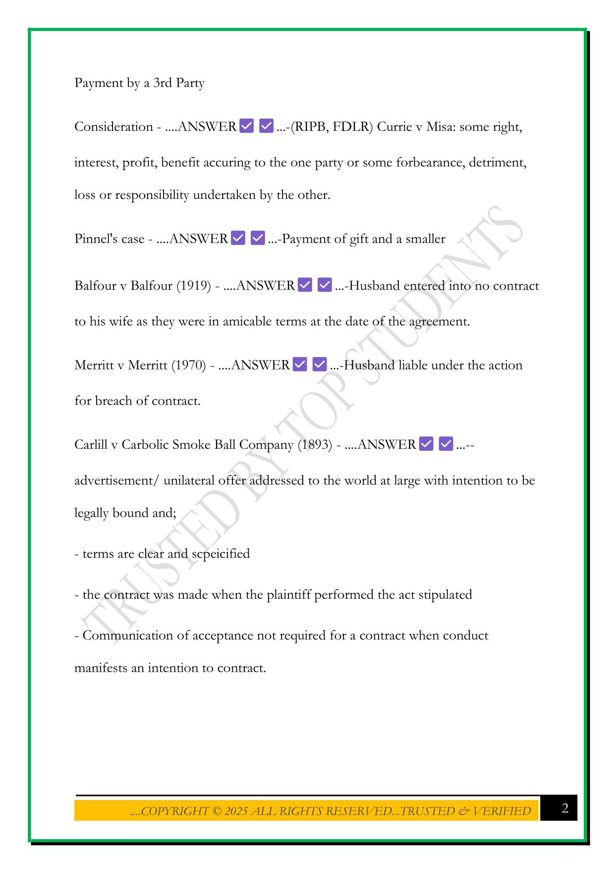 CONTRACT LAW CASES EXAM 2025 QUESTIONS AND ANSWERS