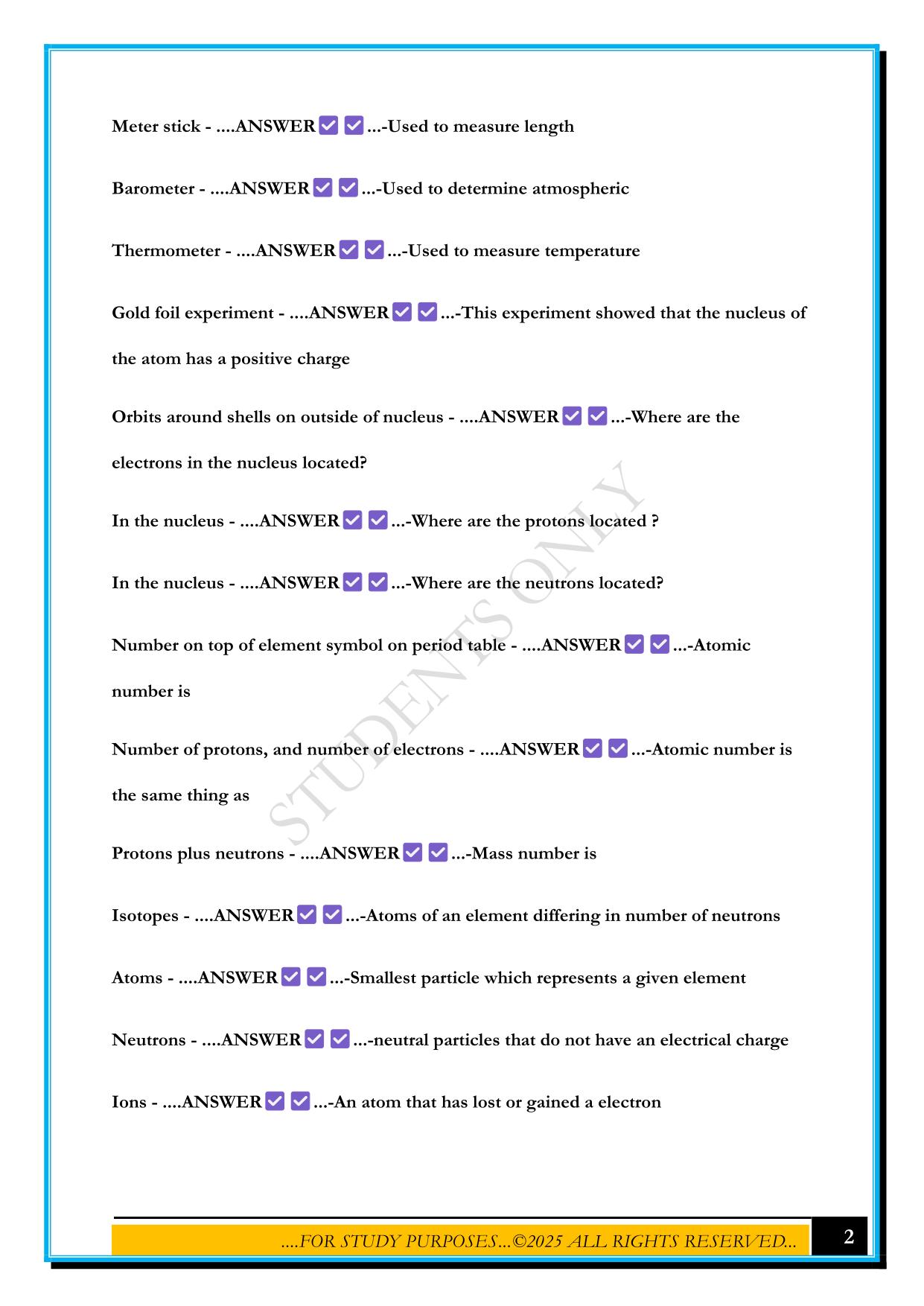 SOPHOMORE CHEMISTRY FINAL EXAM 2025 QUESTIONS AND ANSWERS