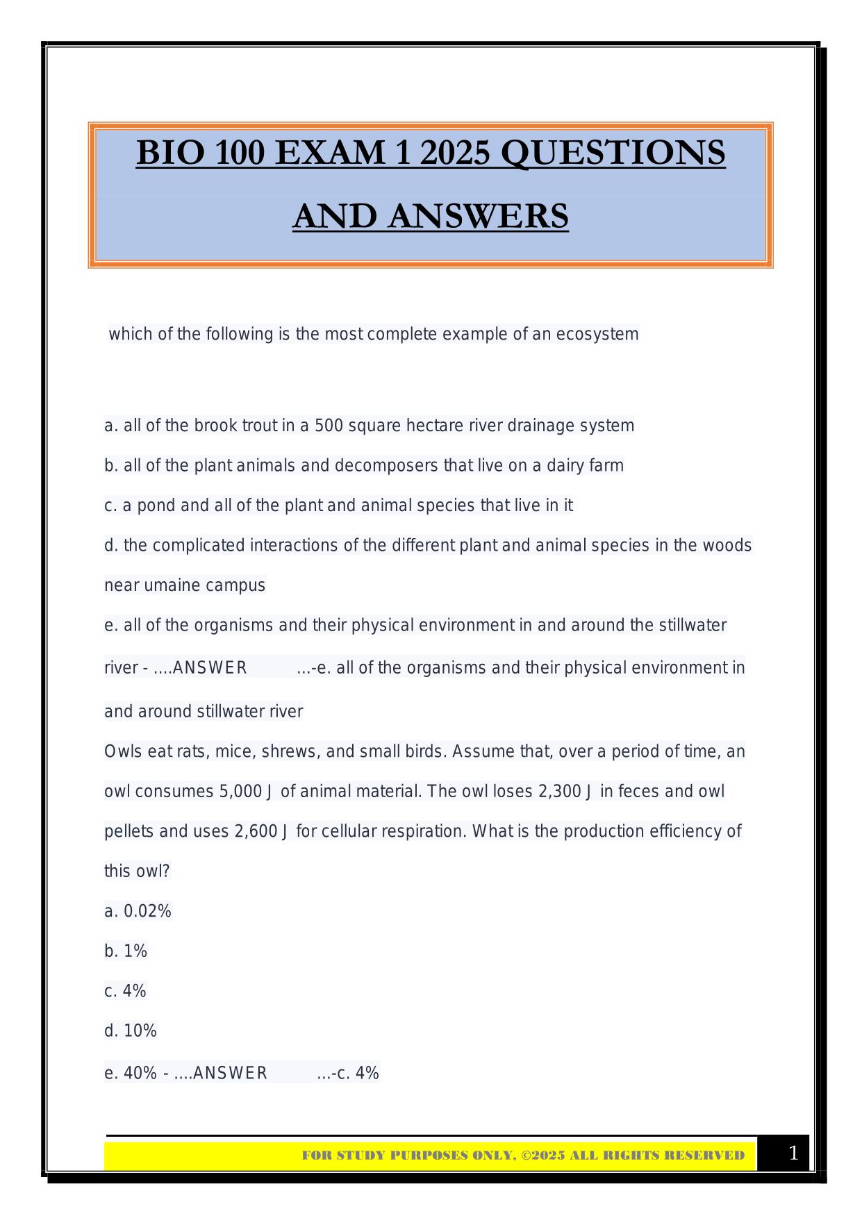BIO 100 EXAM 1 2025 QUESTIONS AND ANSWERS