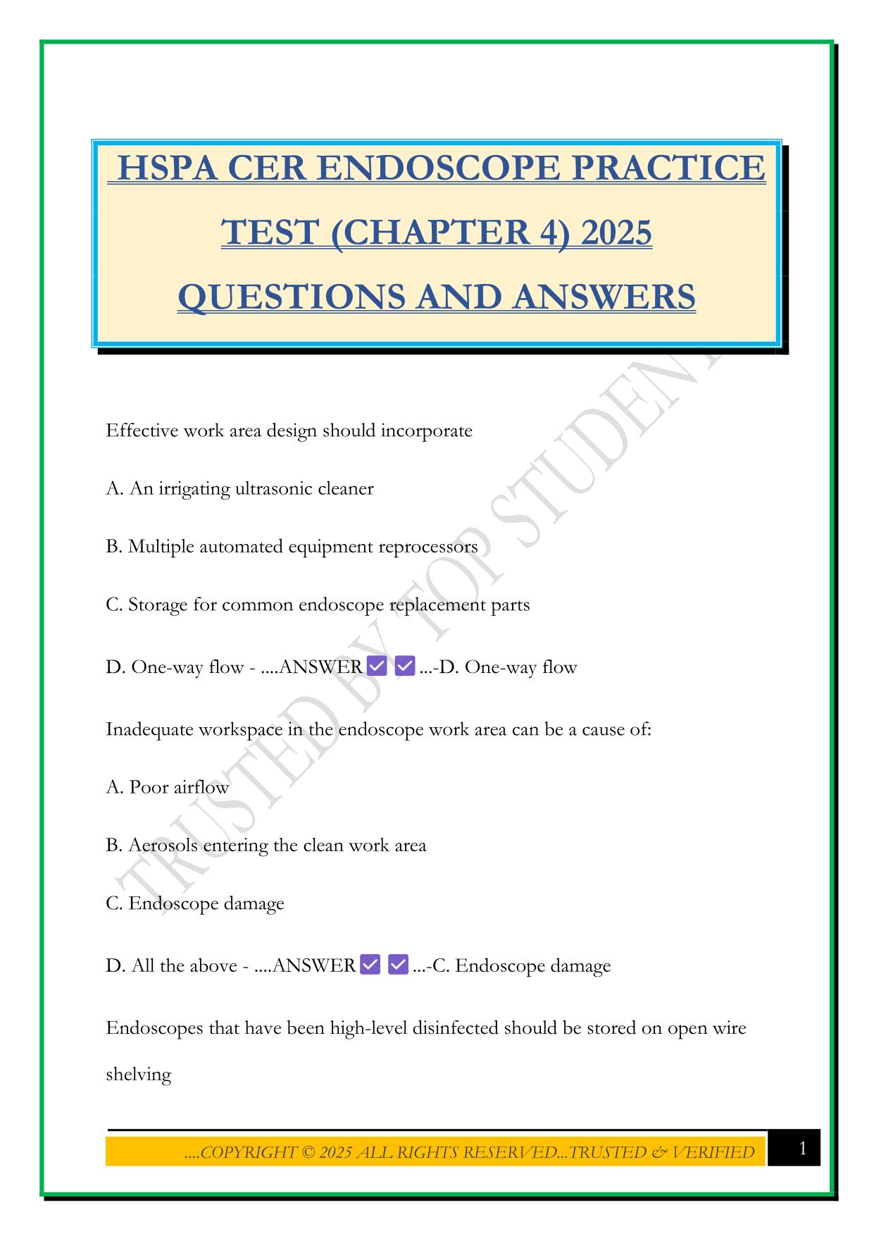 HSPA CER ENDOSCOPE PRACTICE TEST (CHAPTER 4) 2025 QUESTIONS AND ANSWERS