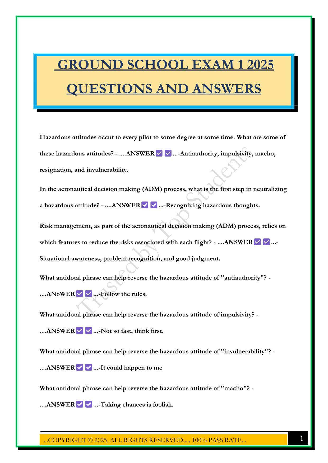 GROUND SCHOOL EXAM 1 2025 QUESTIONS AND ANSWERS
