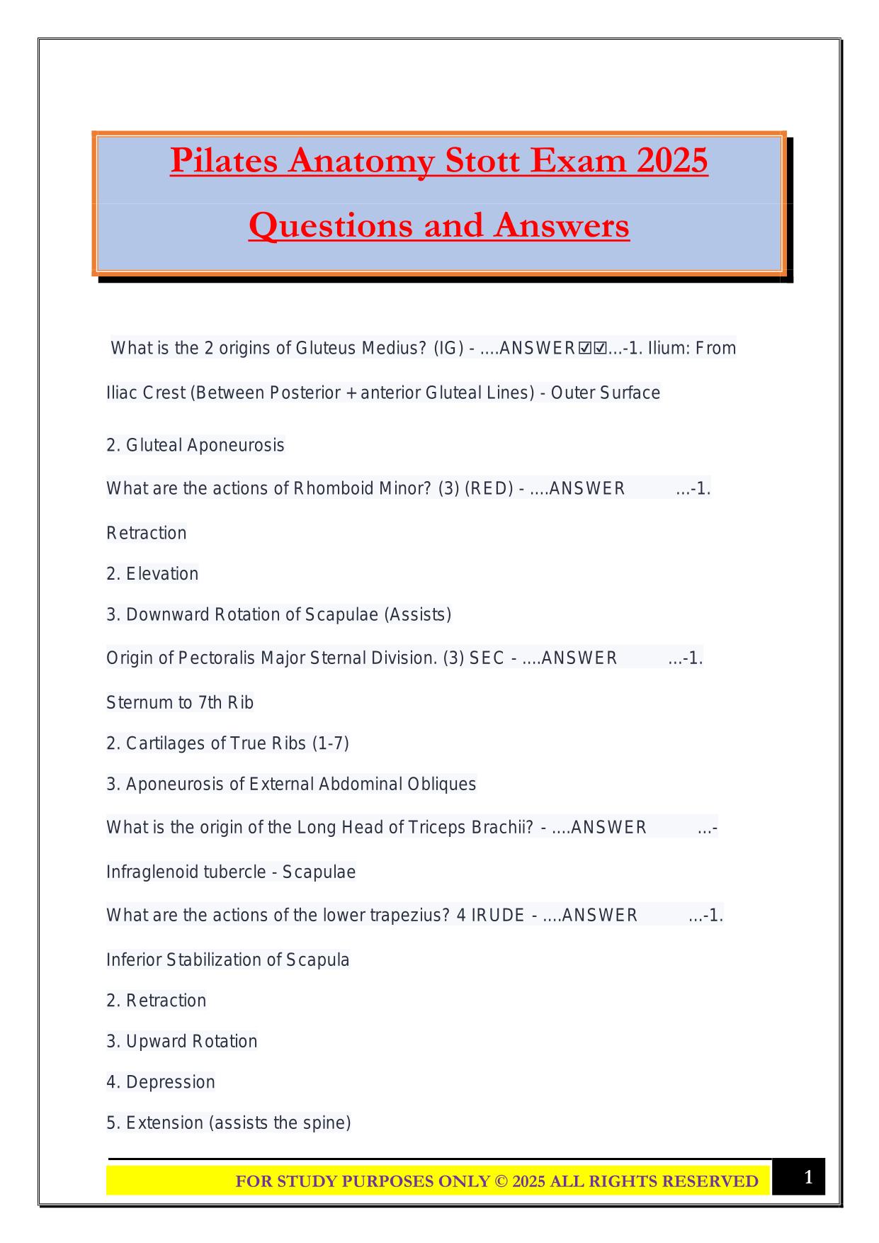 Pilates Anatomy Stott Exam 2025 Questions and Answers