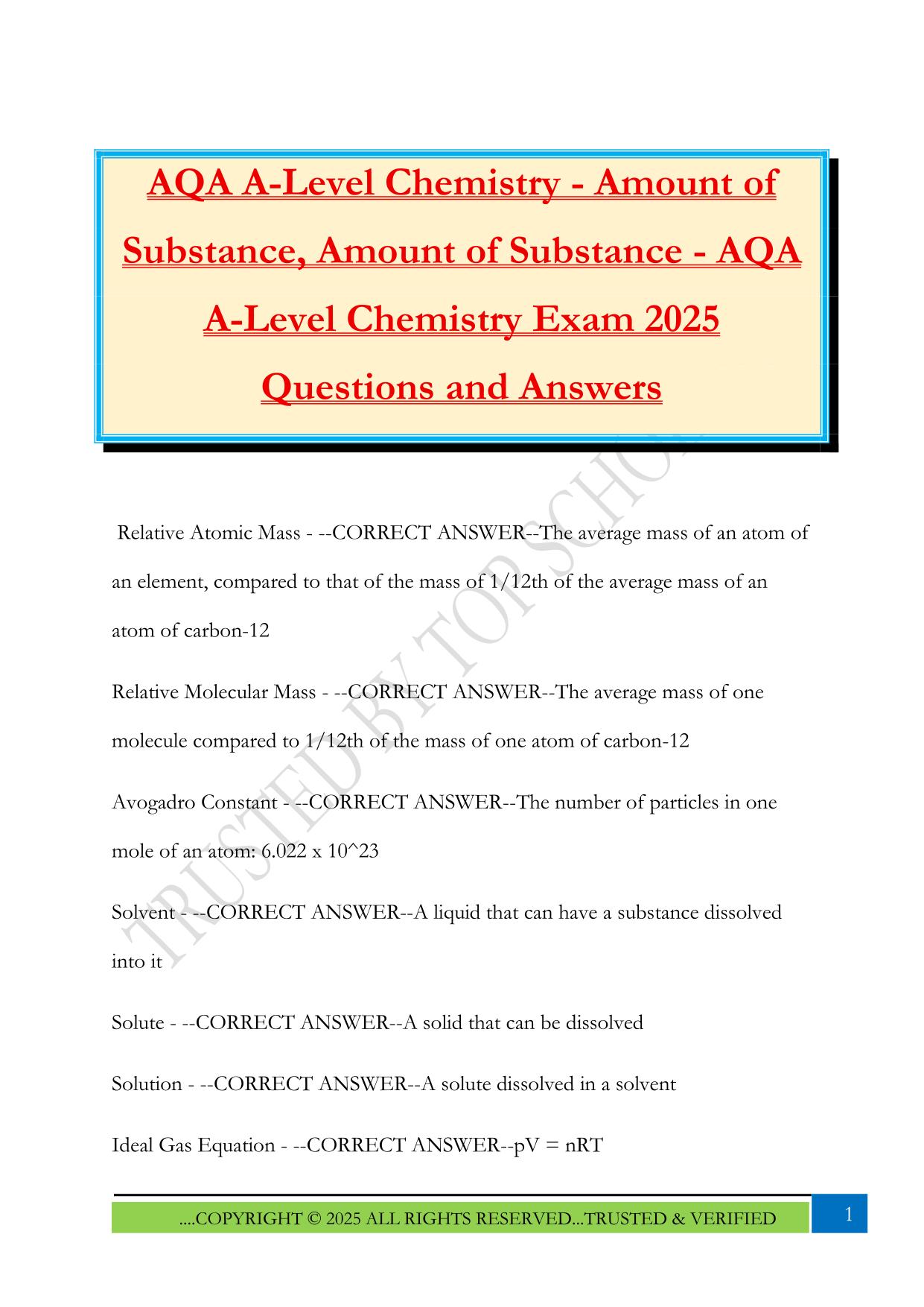 AQA A-Level Chemistry - Amount of Substance, Amount of Substance - AQA A-Level Chemistry Exam 2025 Questions and Answers