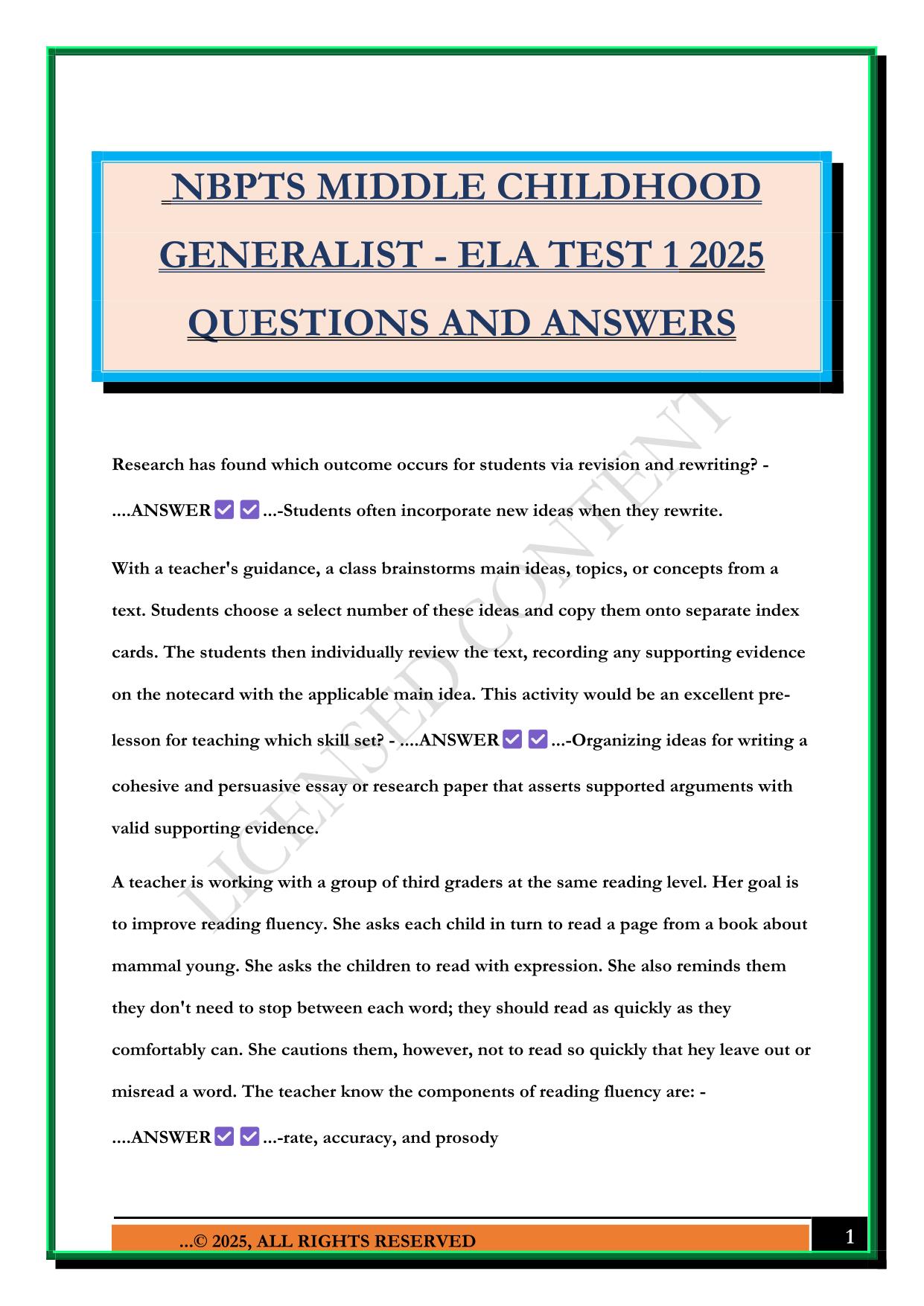 NBPTS MIDDLE CHILDHOOD GENERALIST - ELA TEST 1 2025 QUESTIONS AND ANSWERS
