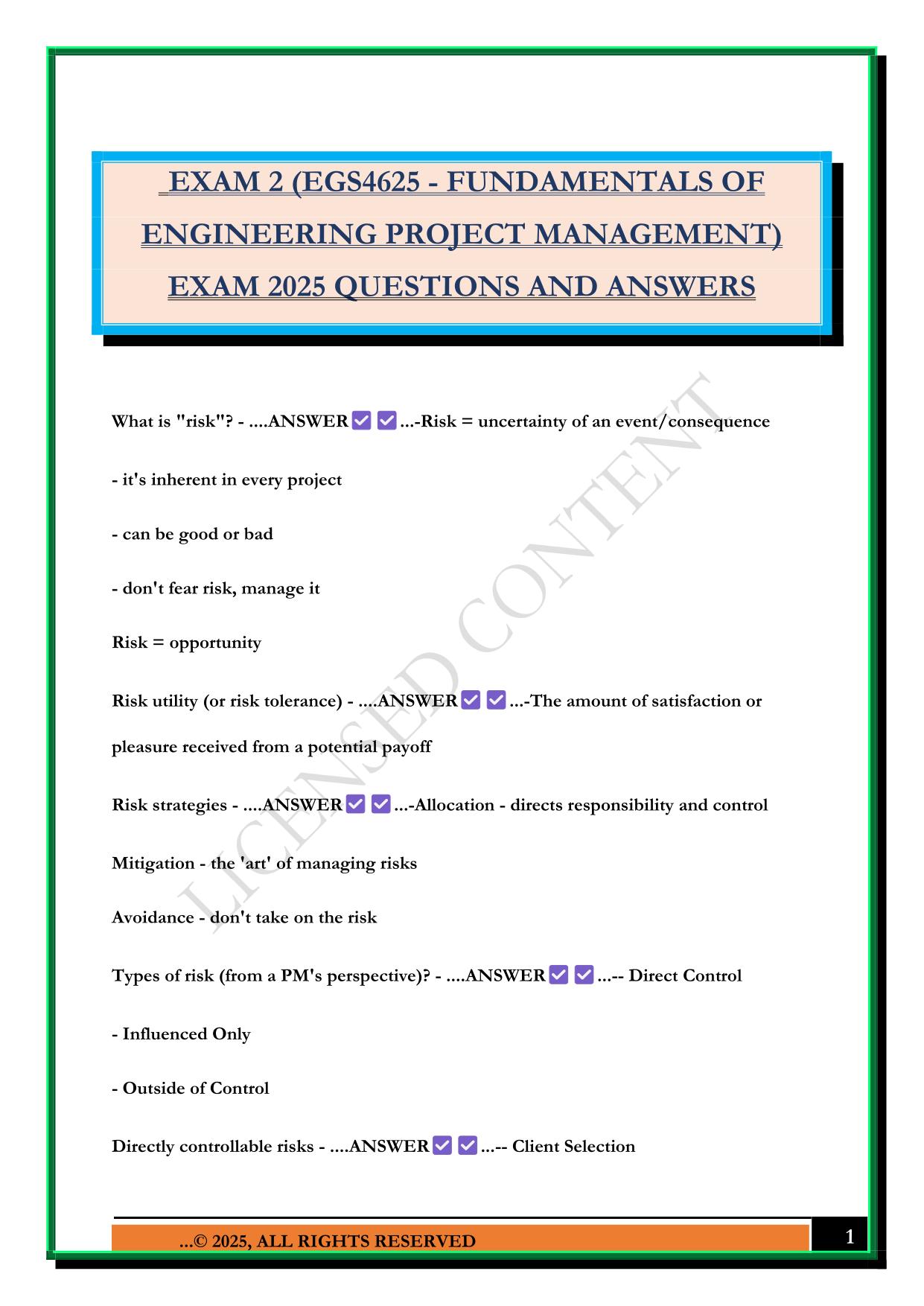 EXAM 2 (EGS4625 - FUNDAMENTALS OF ENGINEERING PROJECT MANAGEMENT) EXAM 2025 QUESTIONS AND ANSWERS