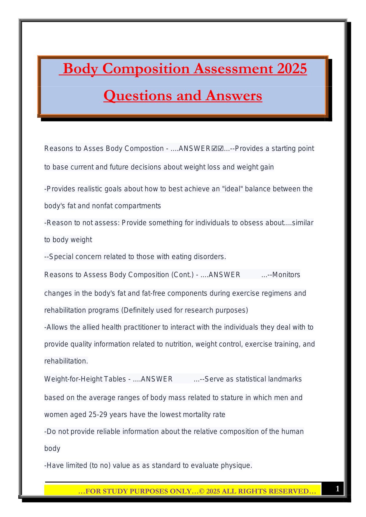 Body Composition Assessment 2025 Questions and Answers