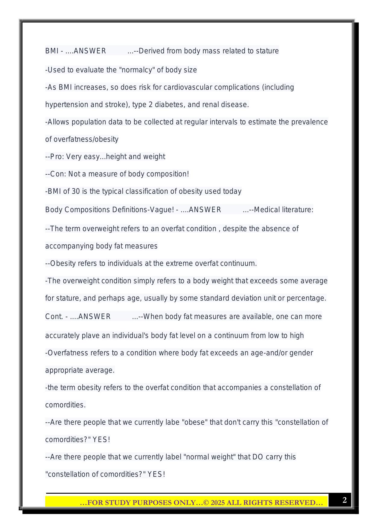 Body Composition Assessment 2025 Questions and Answers
