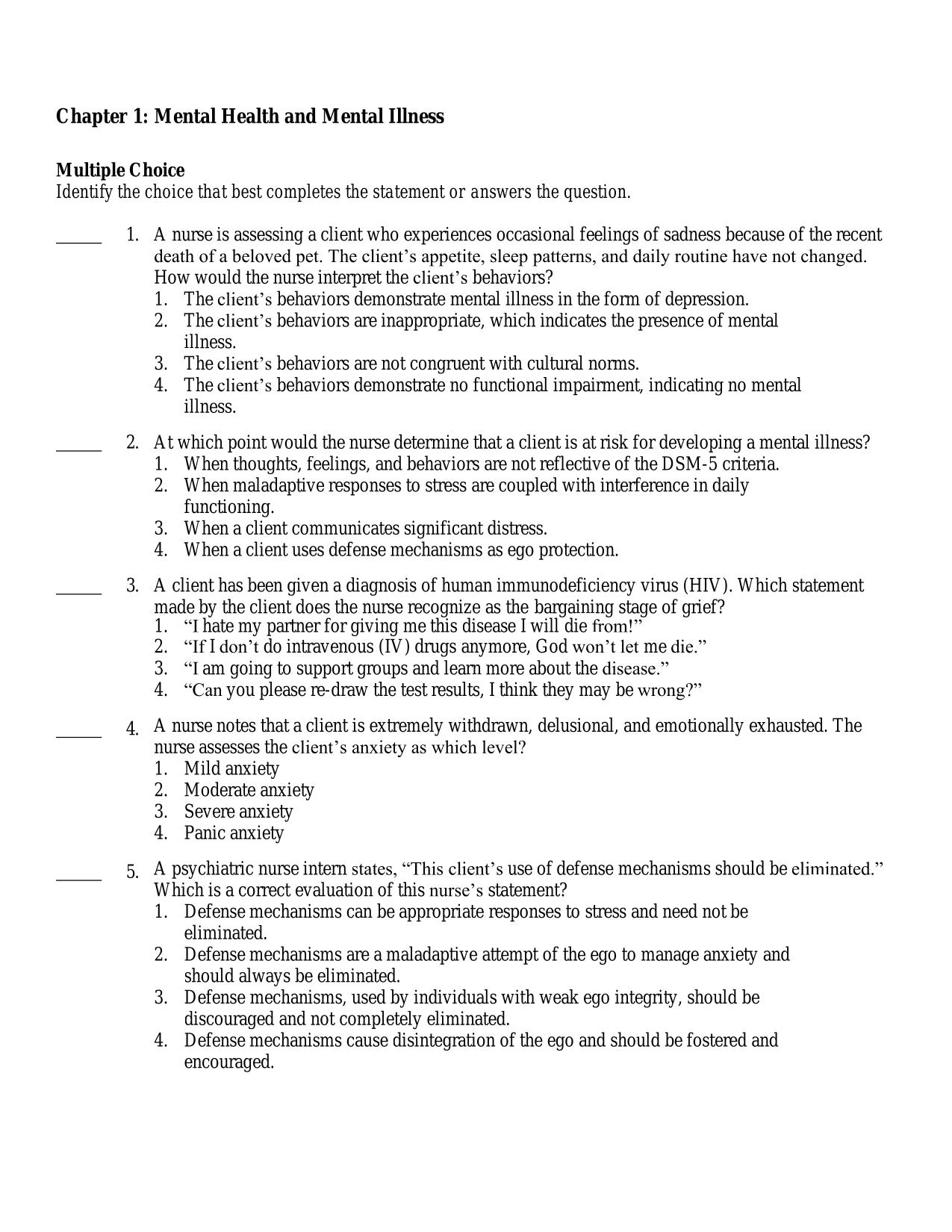Test Bank for Mental Health and Mental Illness Exam MCQ with Correct Answers |100% Pass