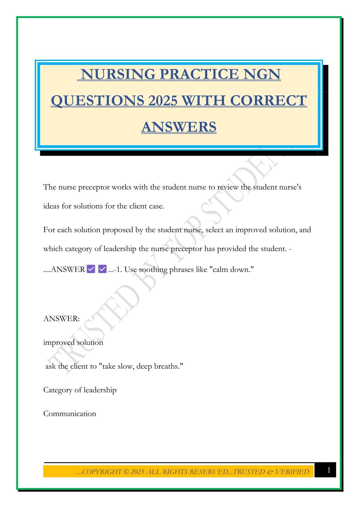 NURSING PRACTICE NGN QUESTIONS 2025 WITH CORRECT ANSWERS