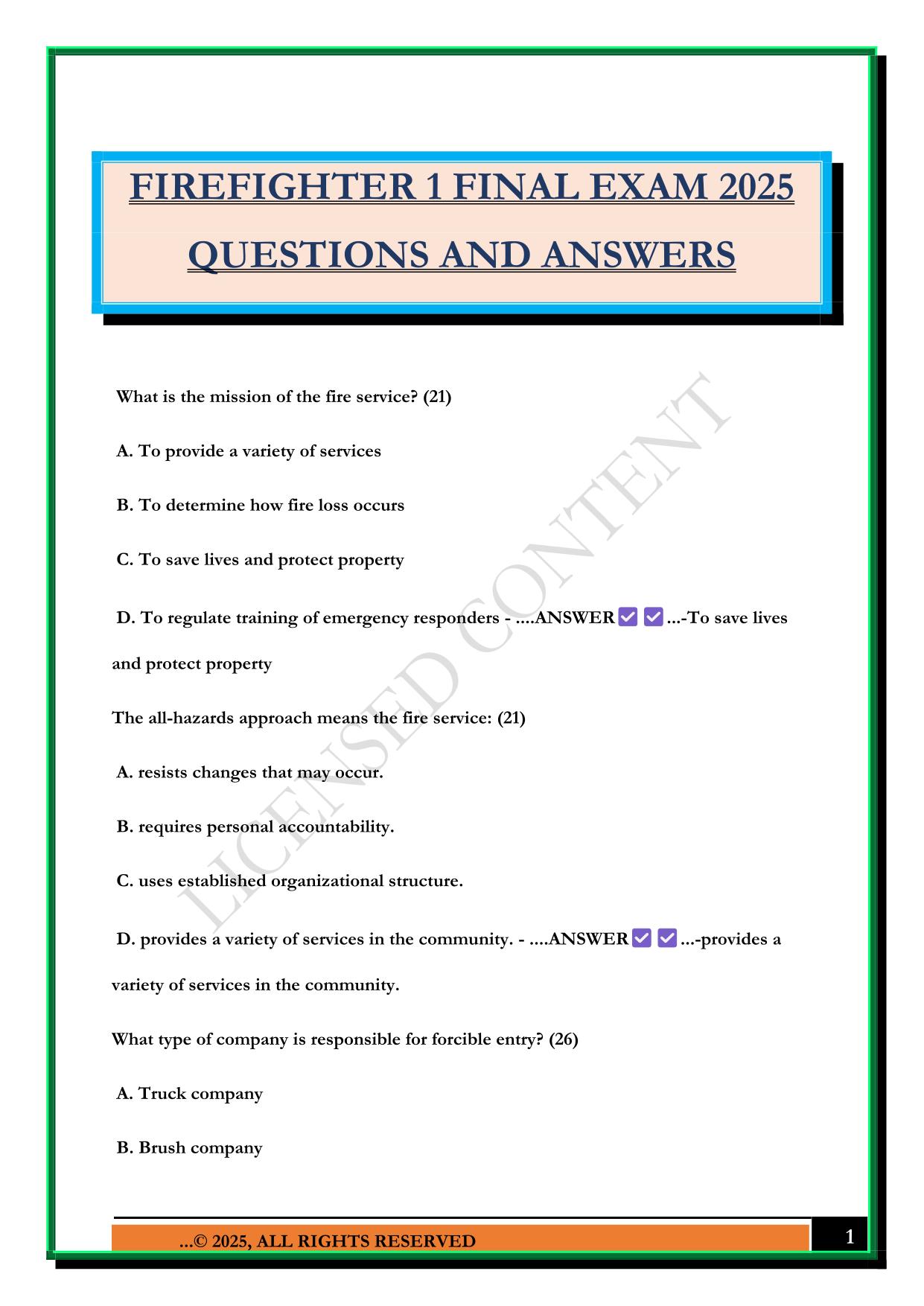 FIREFIGHTER 1 FINAL EXAM 2025 QUESTIONS AND ANSWERS