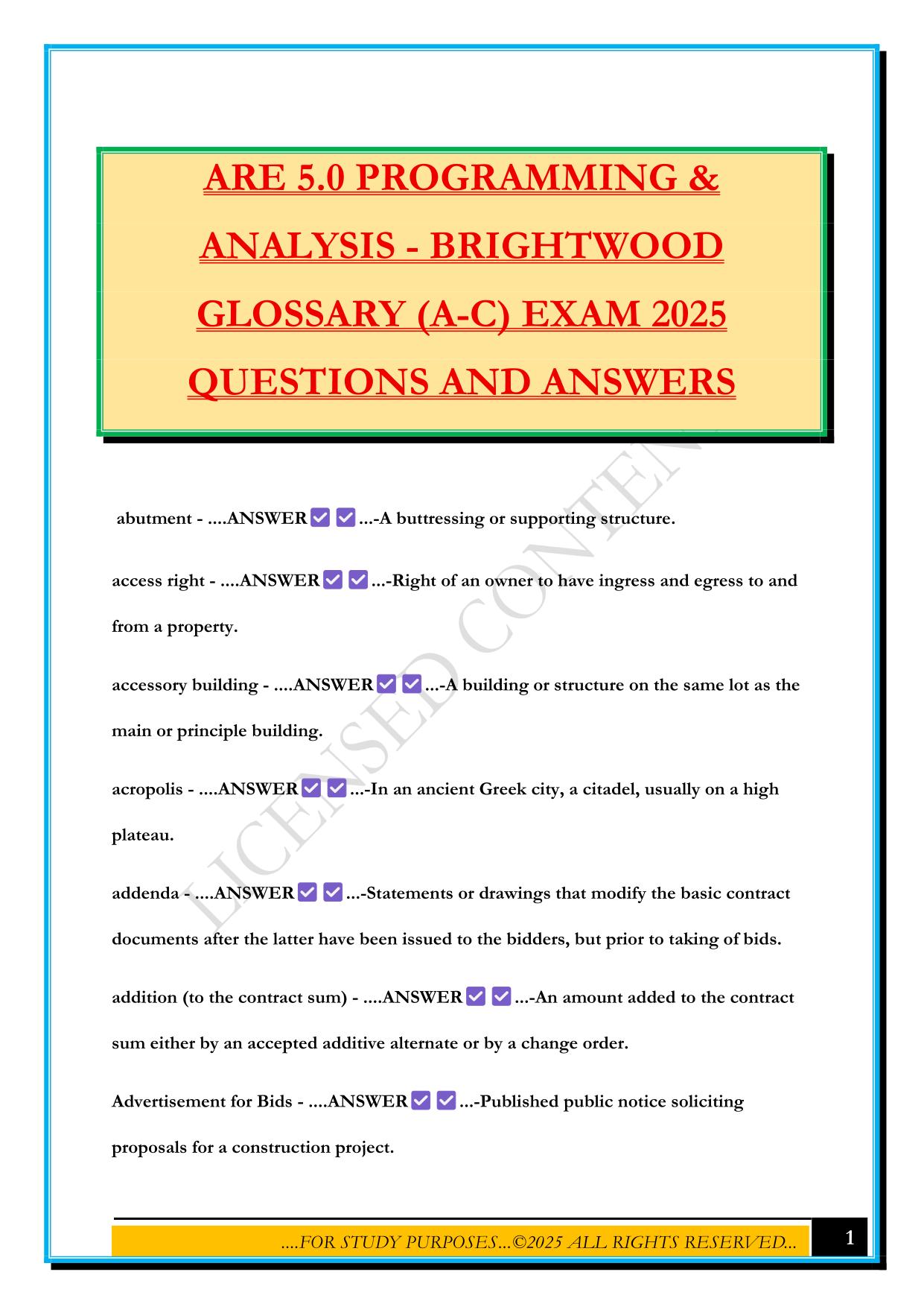 ARE 5.0 PROGRAMMING & ANALYSIS - BRIGHTWOOD GLOSSARY (A-C) EXAM 2025 QUESTIONS AND ANSWERS
