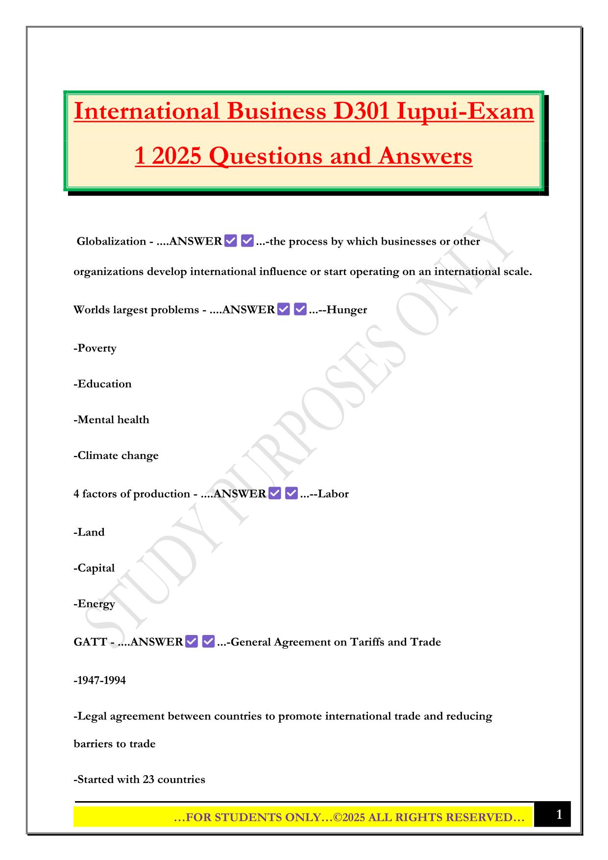 International Business D301 Iupui-Exam 1 2025 Questions and Answers