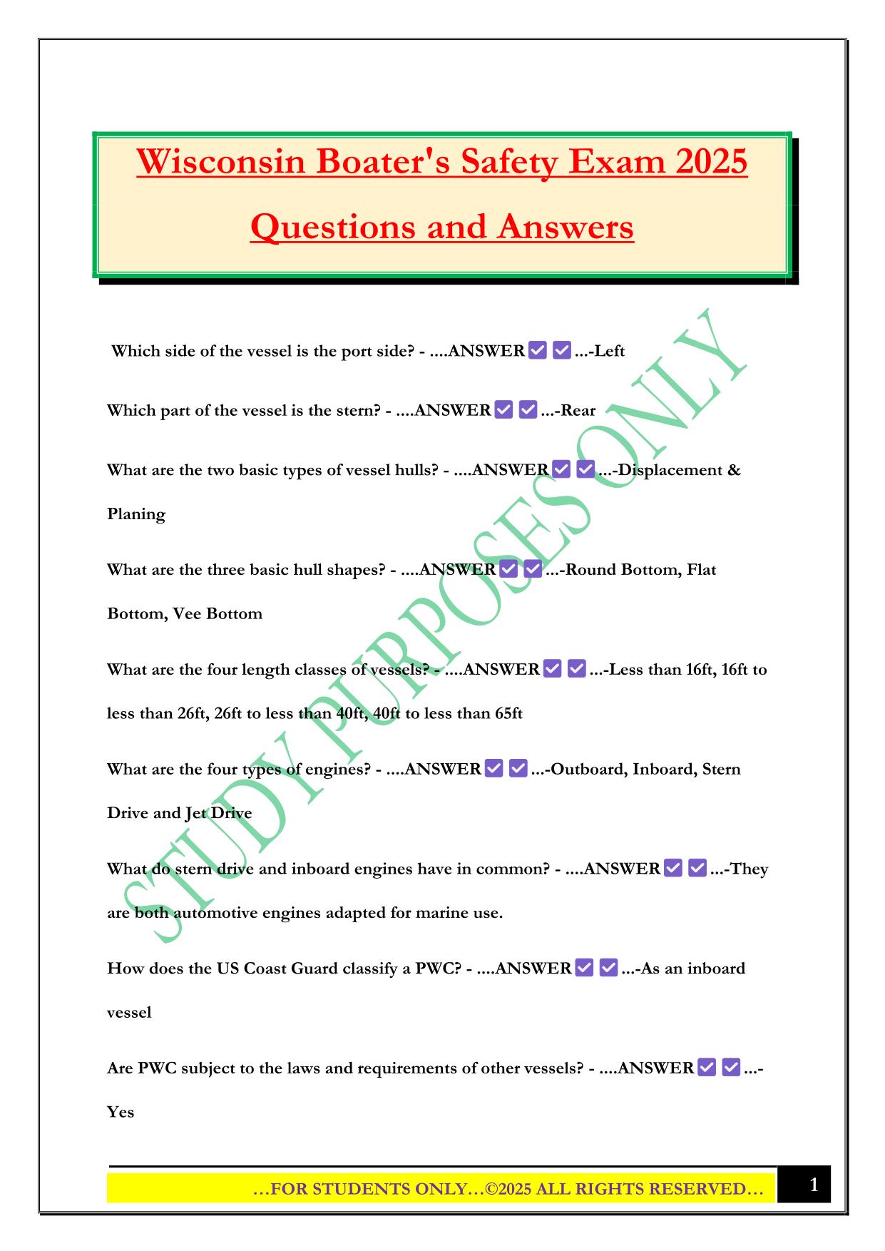 Wisconsin Boater's Safety Exam 2025 Questions and Answers