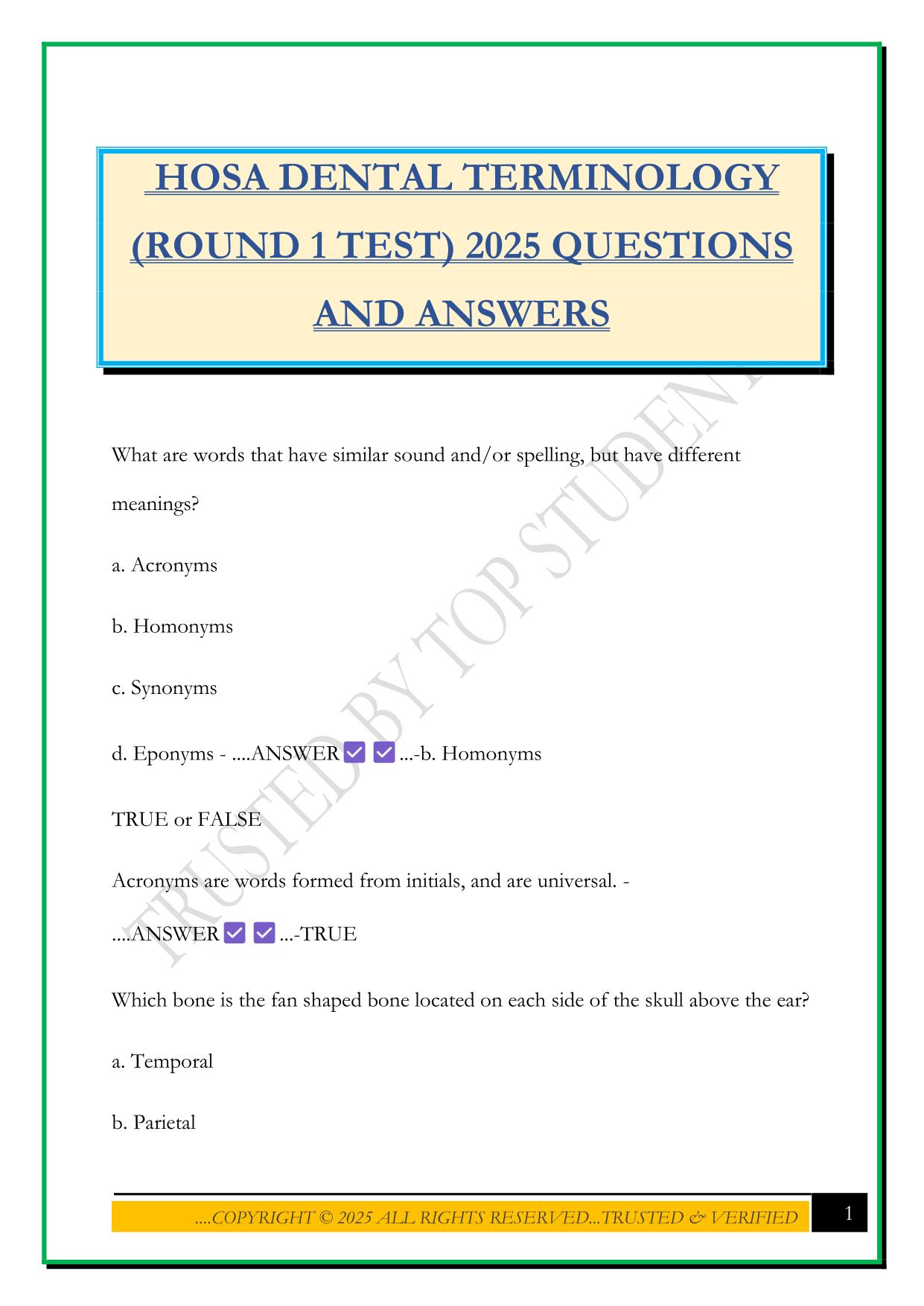 HOSA DENTAL TERMINOLOGY (ROUND 1 TEST) 2025 QUESTIONS AND ANSWERS