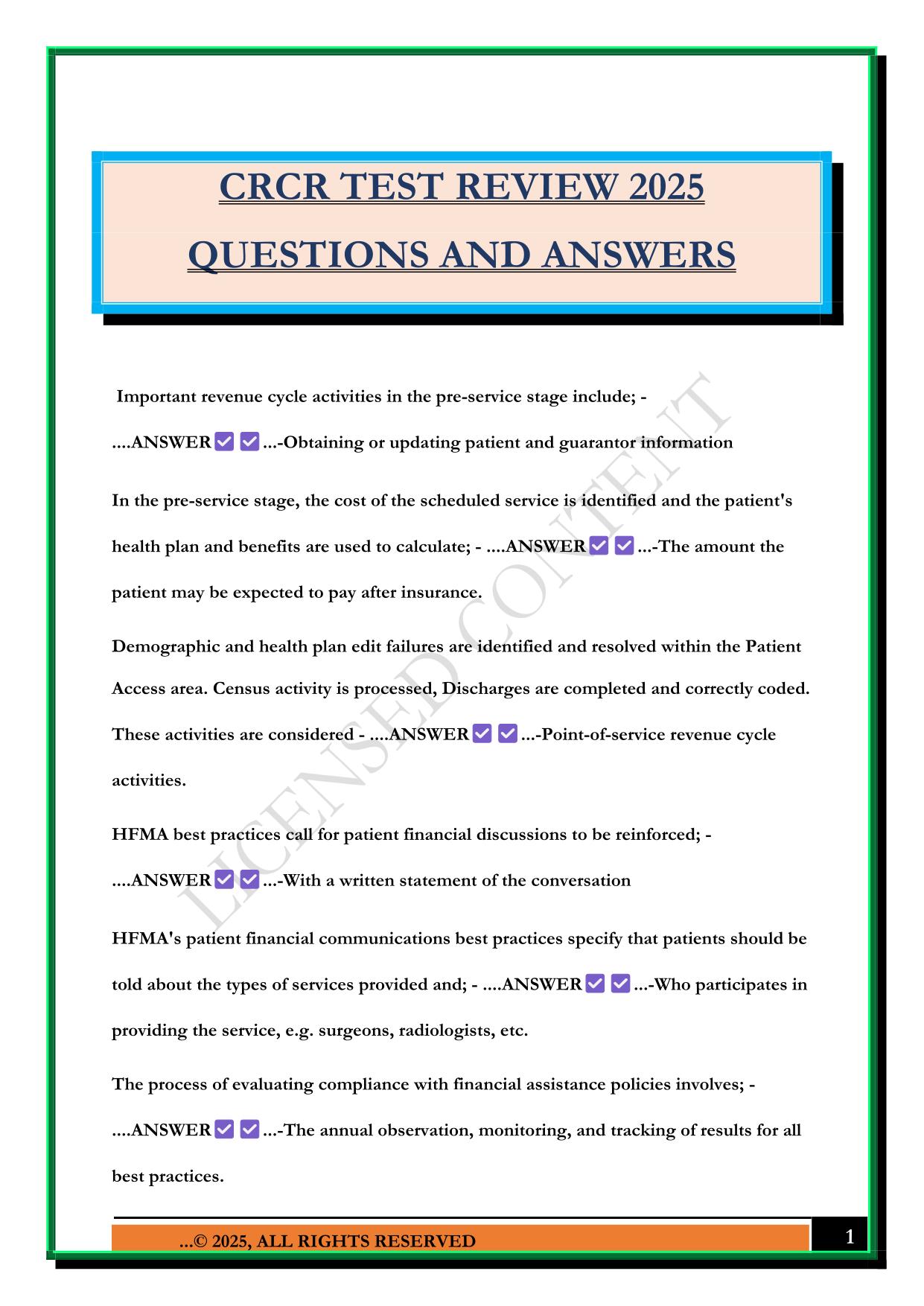CRCR TEST REVIEW 2025 QUESTIONS AND ANSWERS