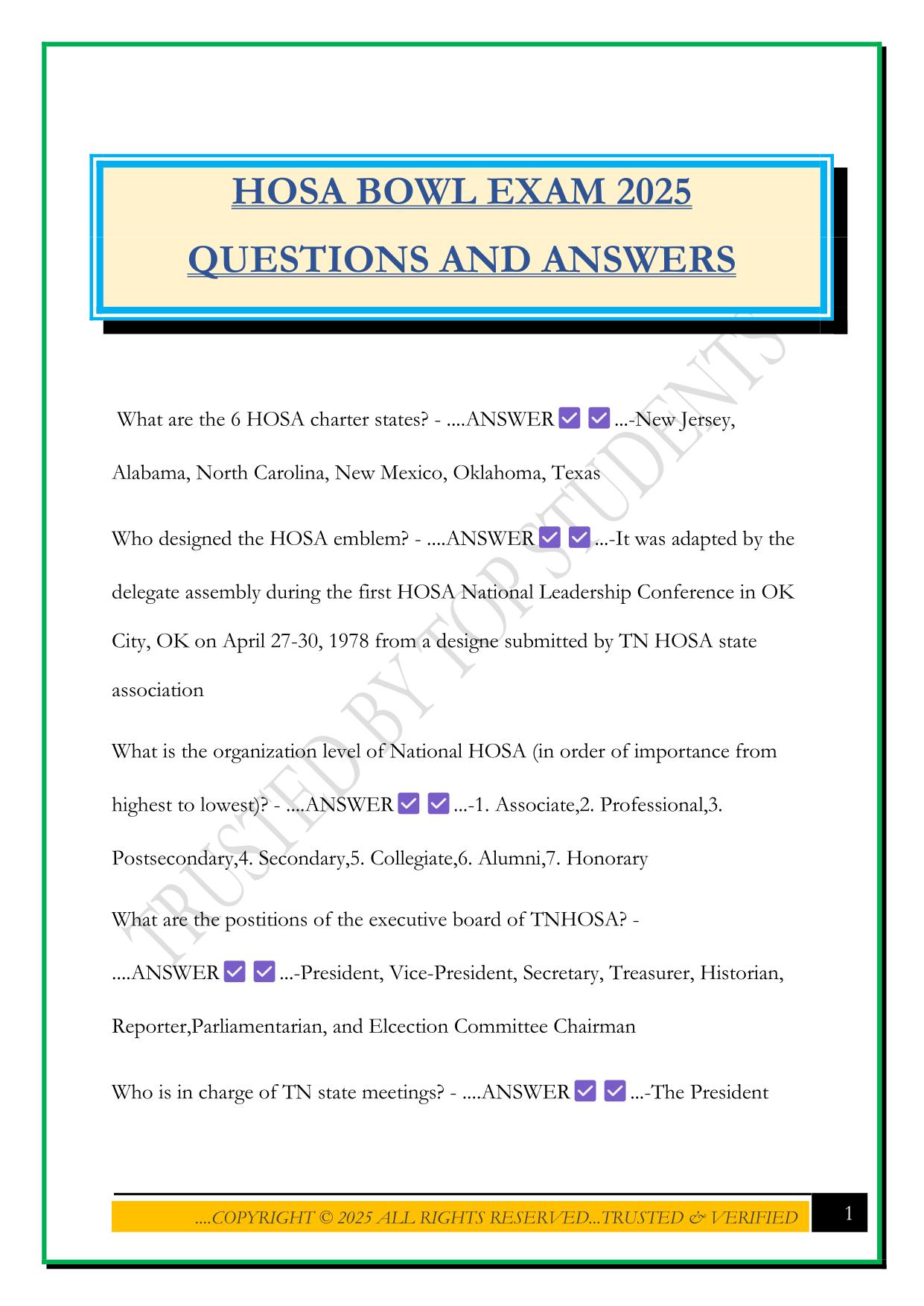 HOSA BOWL EXAM 2025 QUESTIONS AND ANSWERS