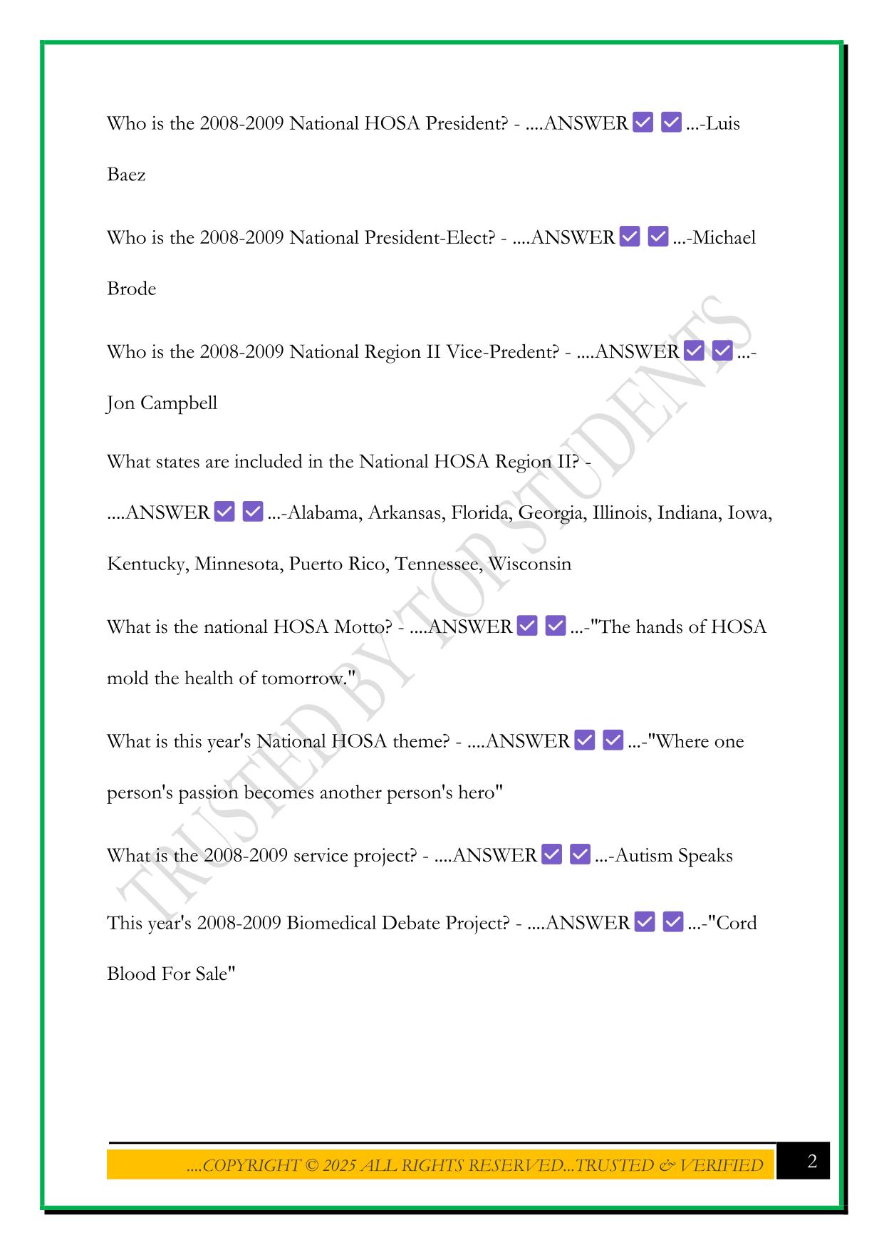 HOSA BOWL EXAM 2025 QUESTIONS AND ANSWERS