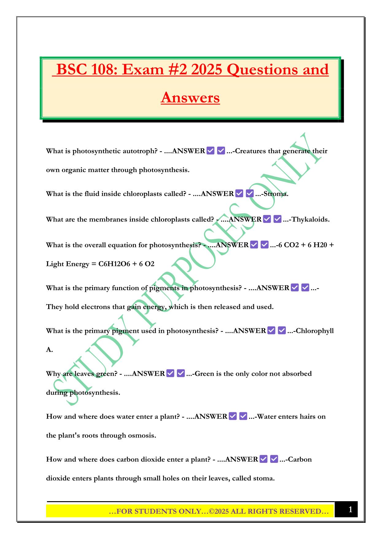 BSC 108: Exam #2 2025 Questions and Answers