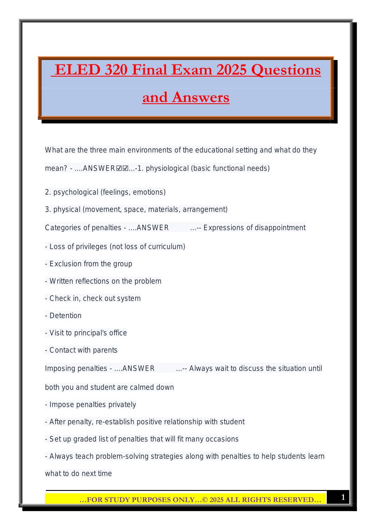 ELED 320 Final Exam 2025 Questions and Answers