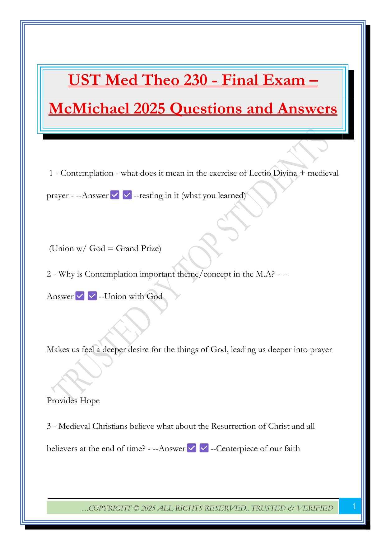 UST Med Theo 230 - Final Exam – McMichael 2025 Questions and Answers