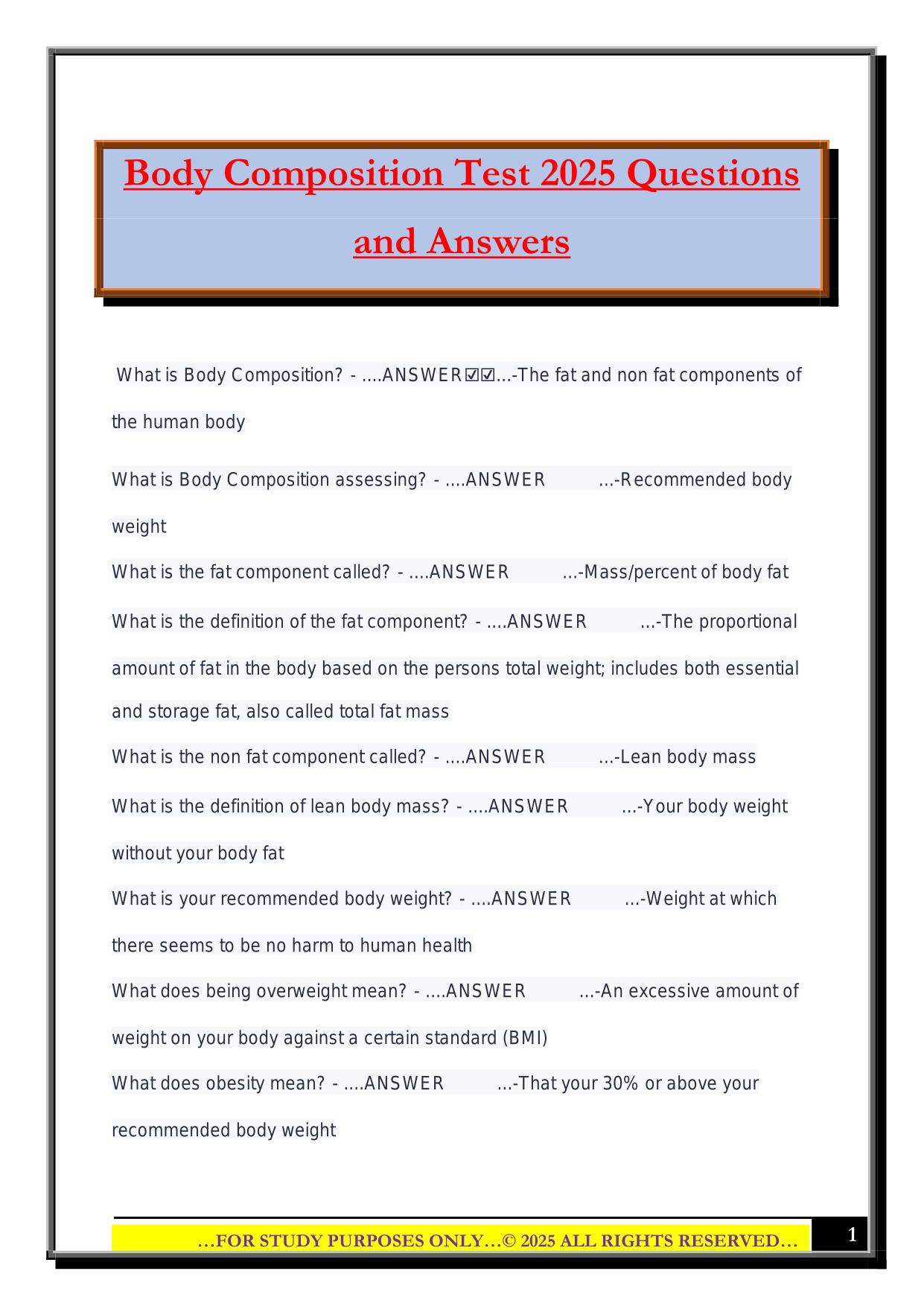 Body Composition Test 2025 Questions and Answers