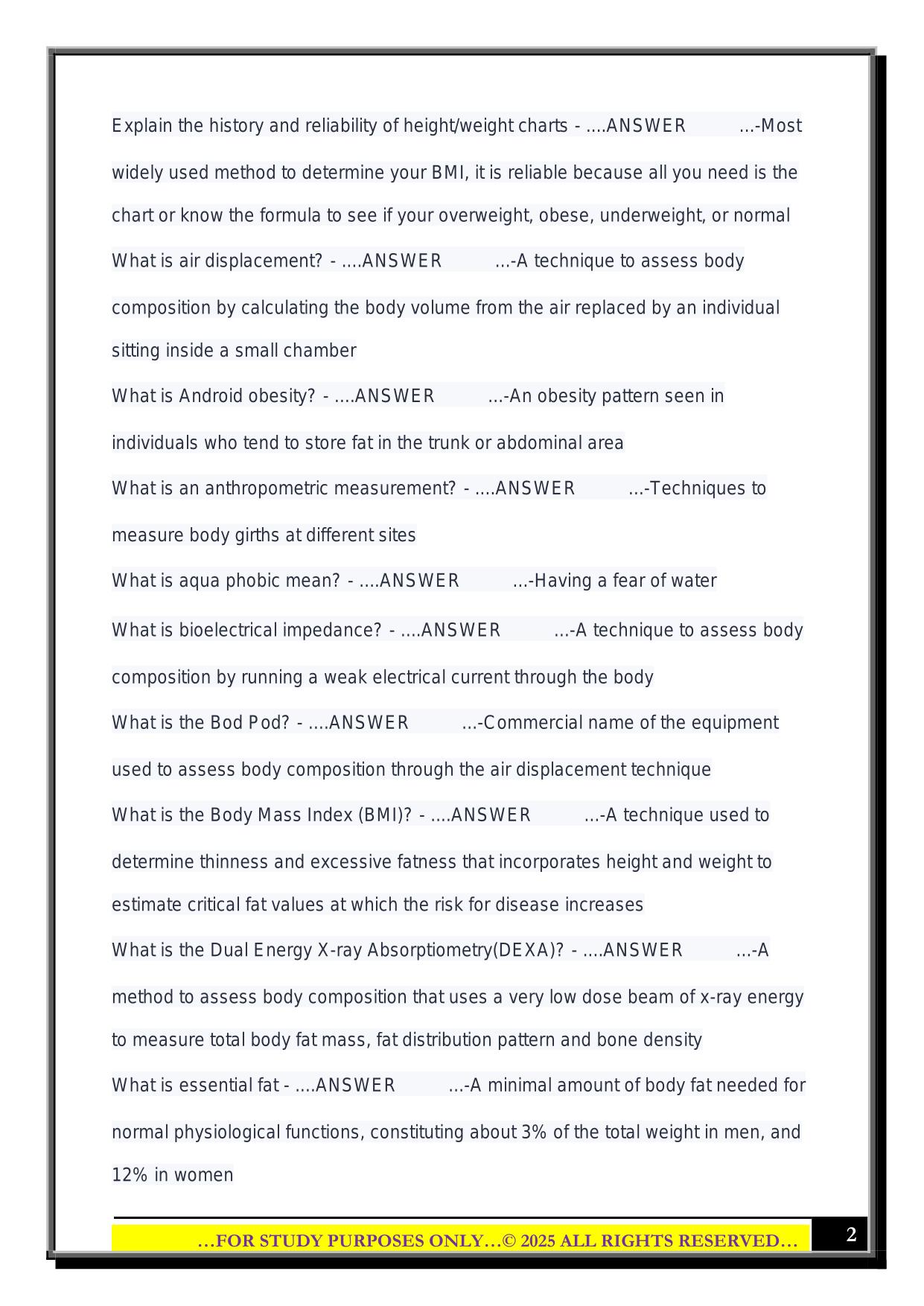 Body Composition Test 2025 Questions and Answers