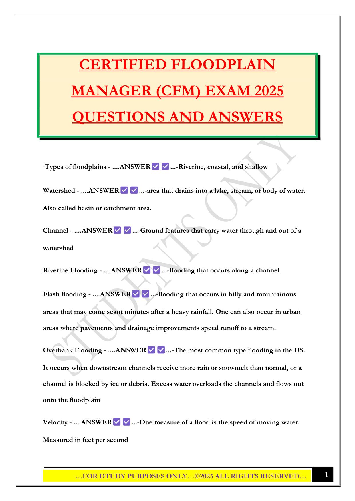 CERTIFIED FLOODPLAIN MANAGER (CFM) EXAM 2025 QUESTIONS AND ANSWERS