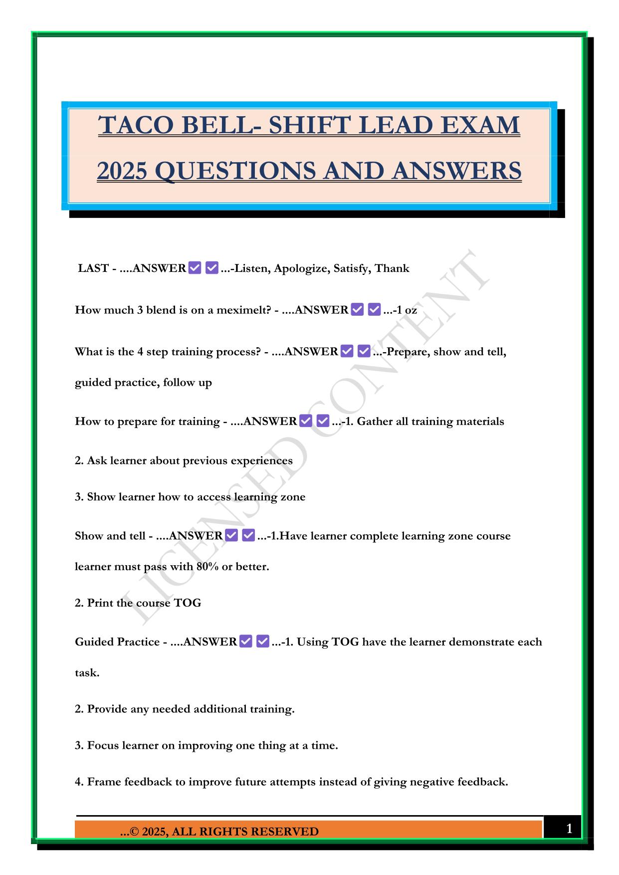 TACO BELL- SHIFT LEAD EXAM 2025 QUESTIONS AND ANSWERS