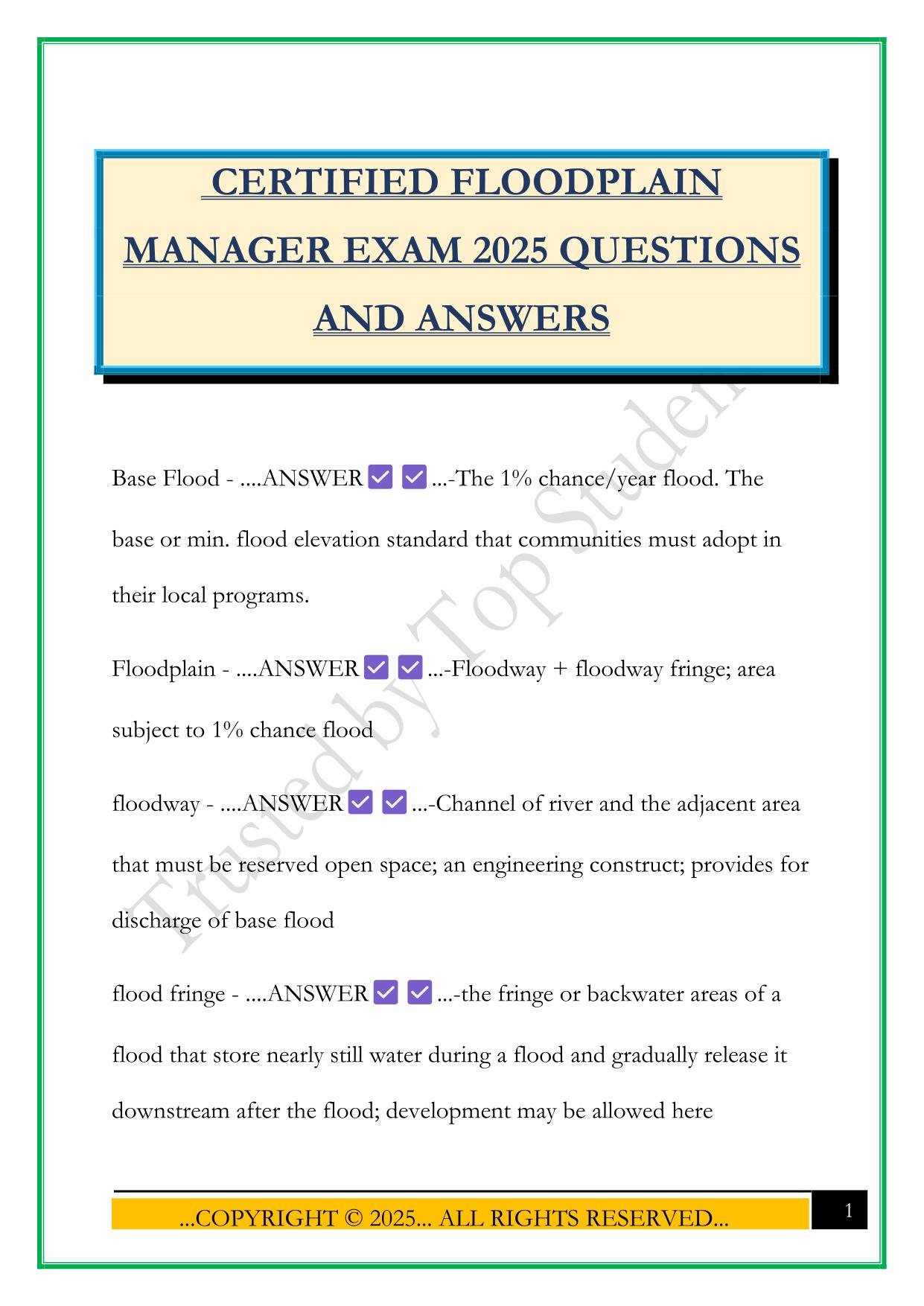 CERTIFIED FLOODPLAIN MANAGER EXAM 2025 QUESTIONS AND ANSWERS