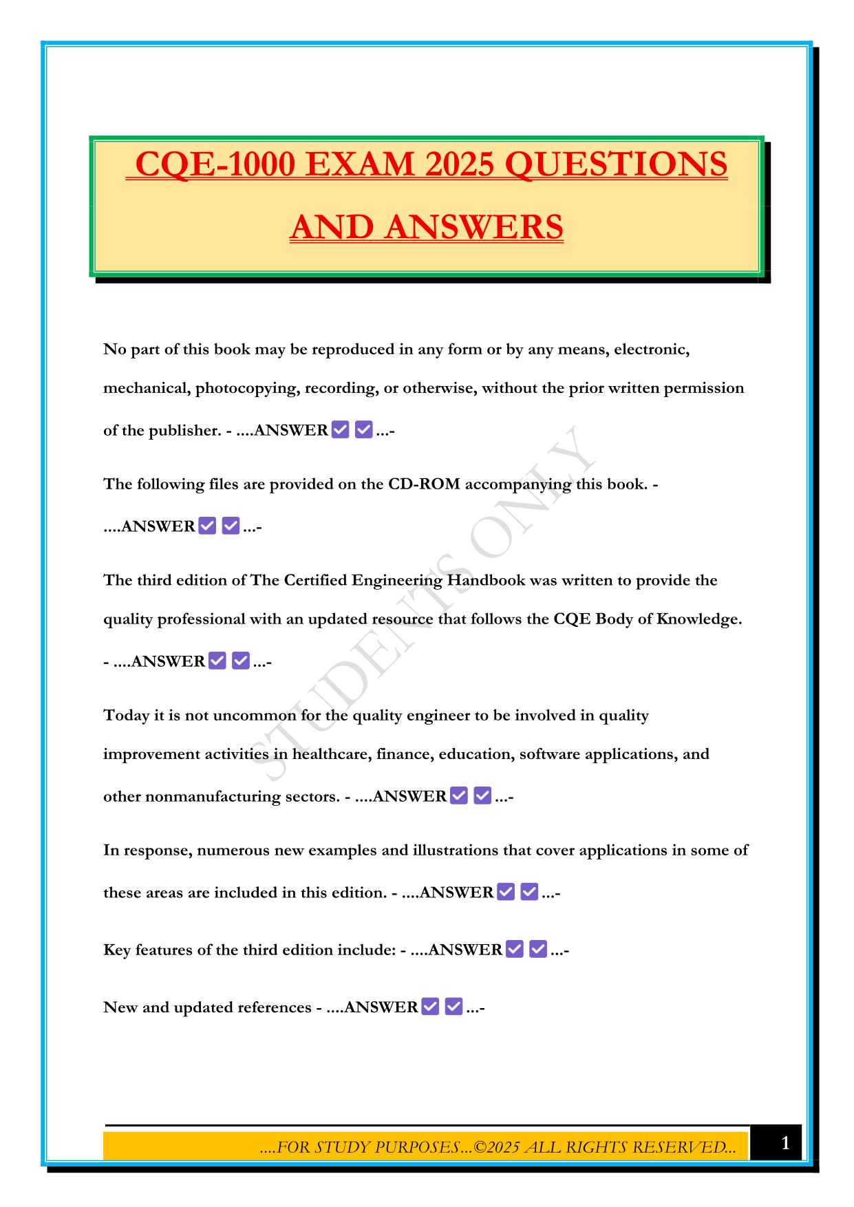 CQE-1000 EXAM 2025 QUESTIONS AND ANSWERS
