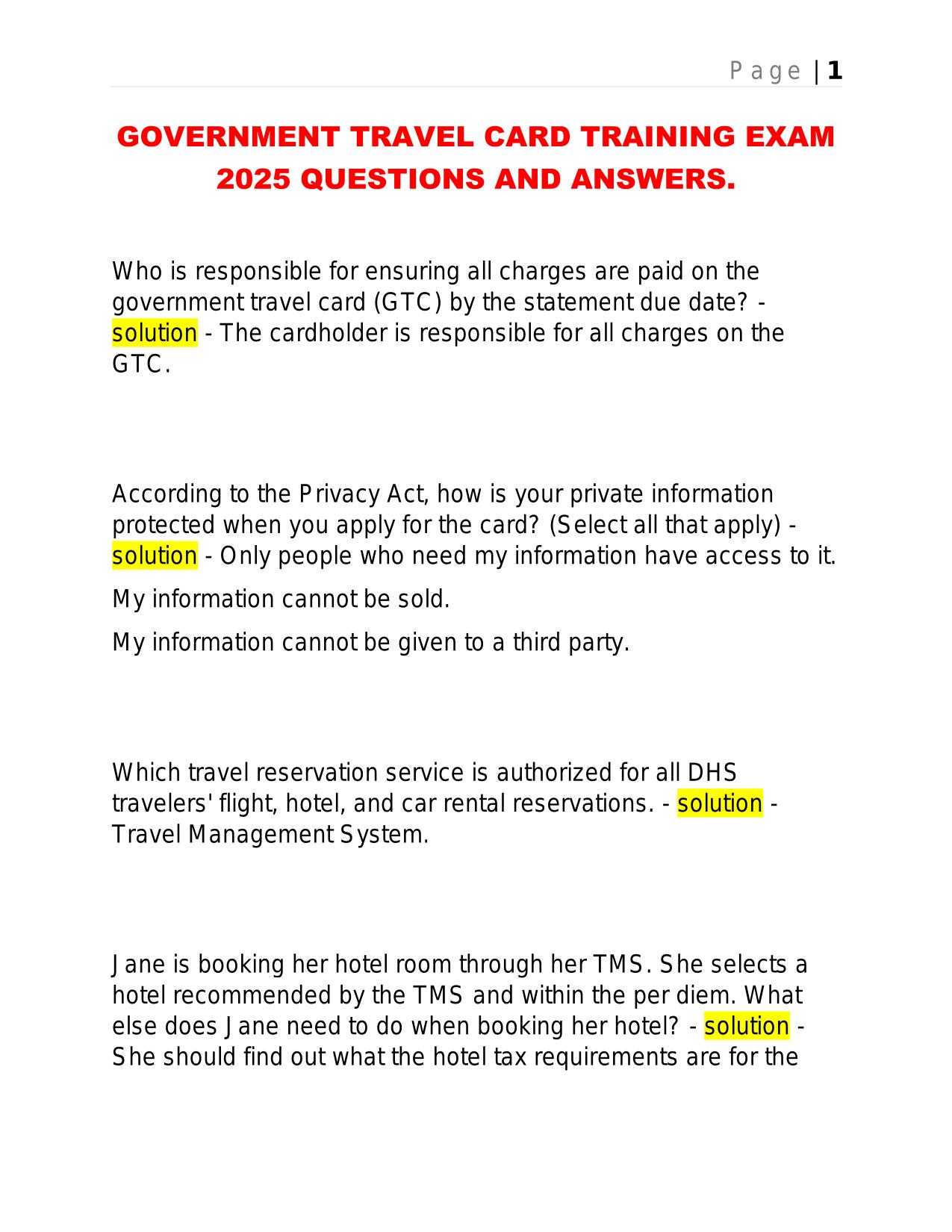 GOVERNMENT TRAVEL CARD TRAINING EXAM 2025 QUESTIONS AND ANSWERS.
