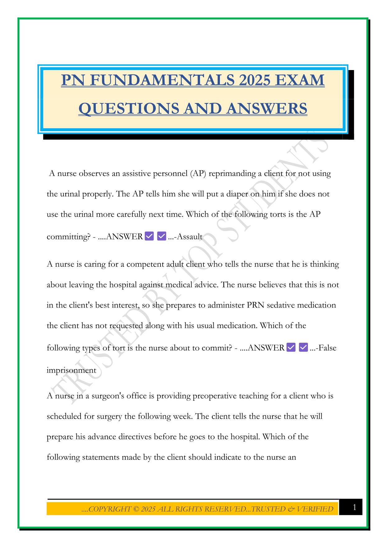 PN FUNDAMENTALS 2025 EXAM QUESTIONS AND ANSWERS