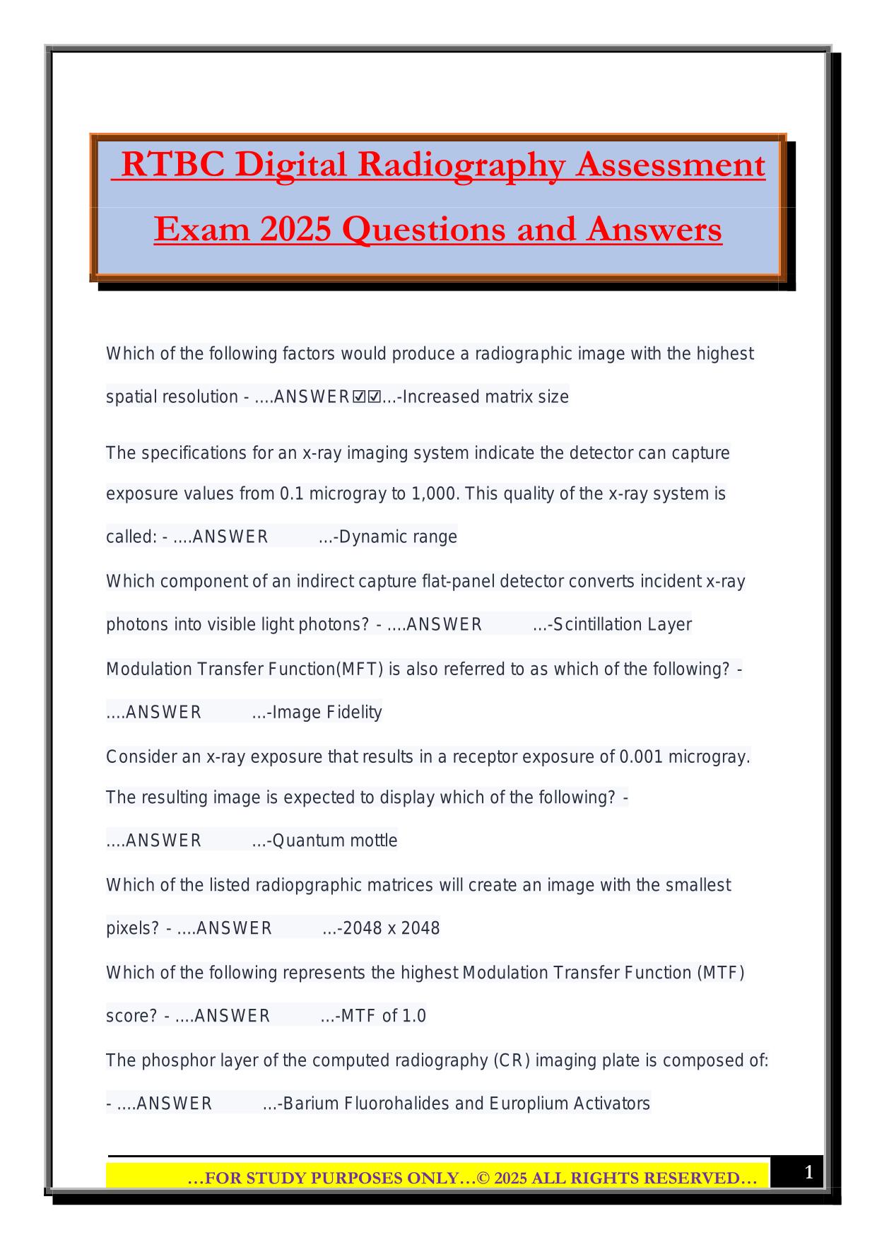 RTBC Digital Radiography Assessment Exam 2025 Questions and Answers