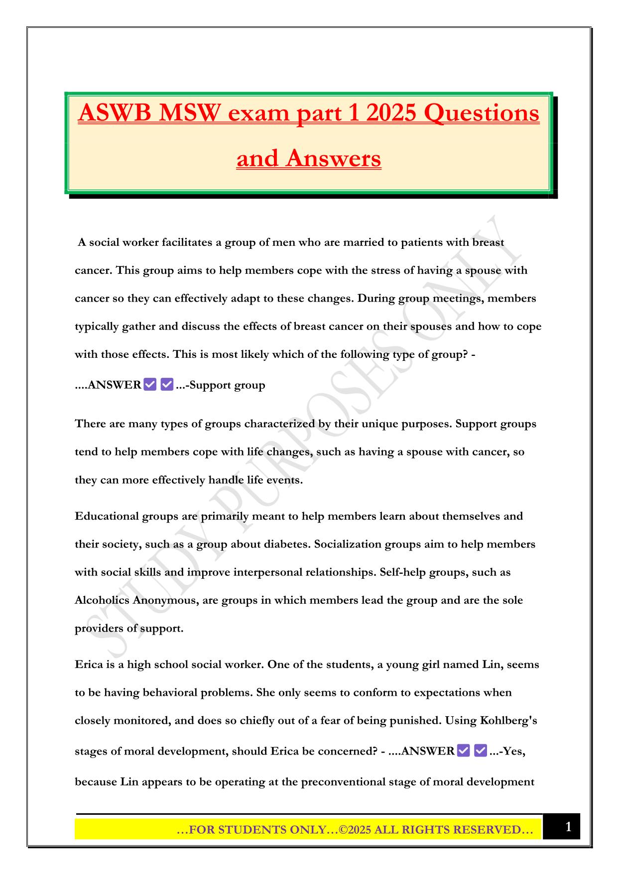 ASWB MSW exam part 1 2025 Questions and Answers