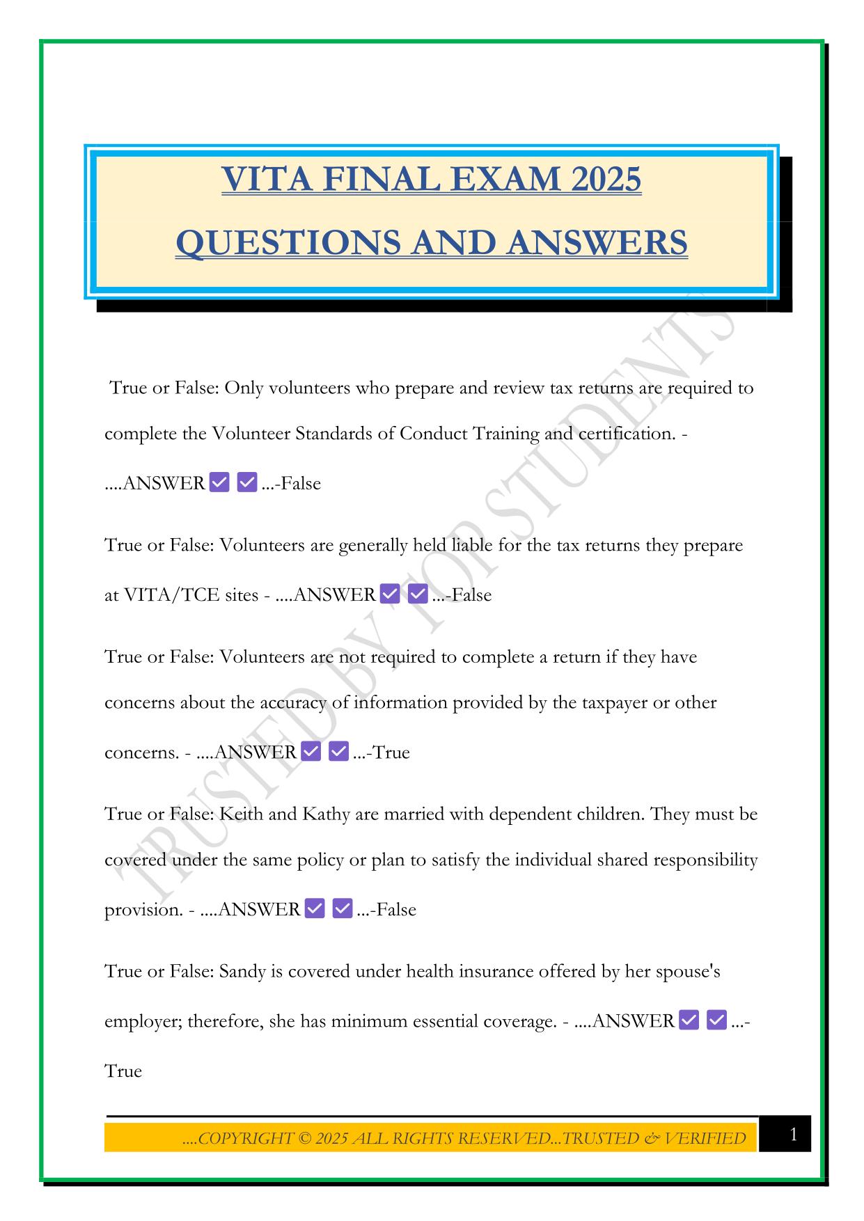 VITA FINAL EXAM 2025 QUESTIONS AND ANSWERS