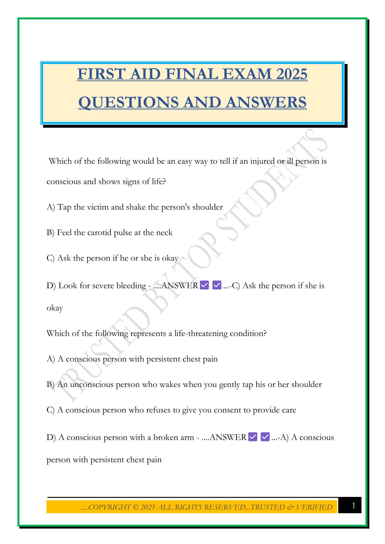 FIRST AID FINAL EXAM 2025 QUESTIONS AND ANSWERS