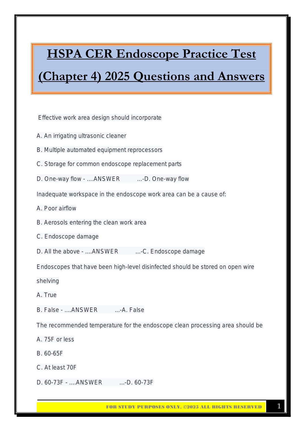 HSPA CER Endoscope Practice Test (Chapter 4) 2025 Questions and Answers