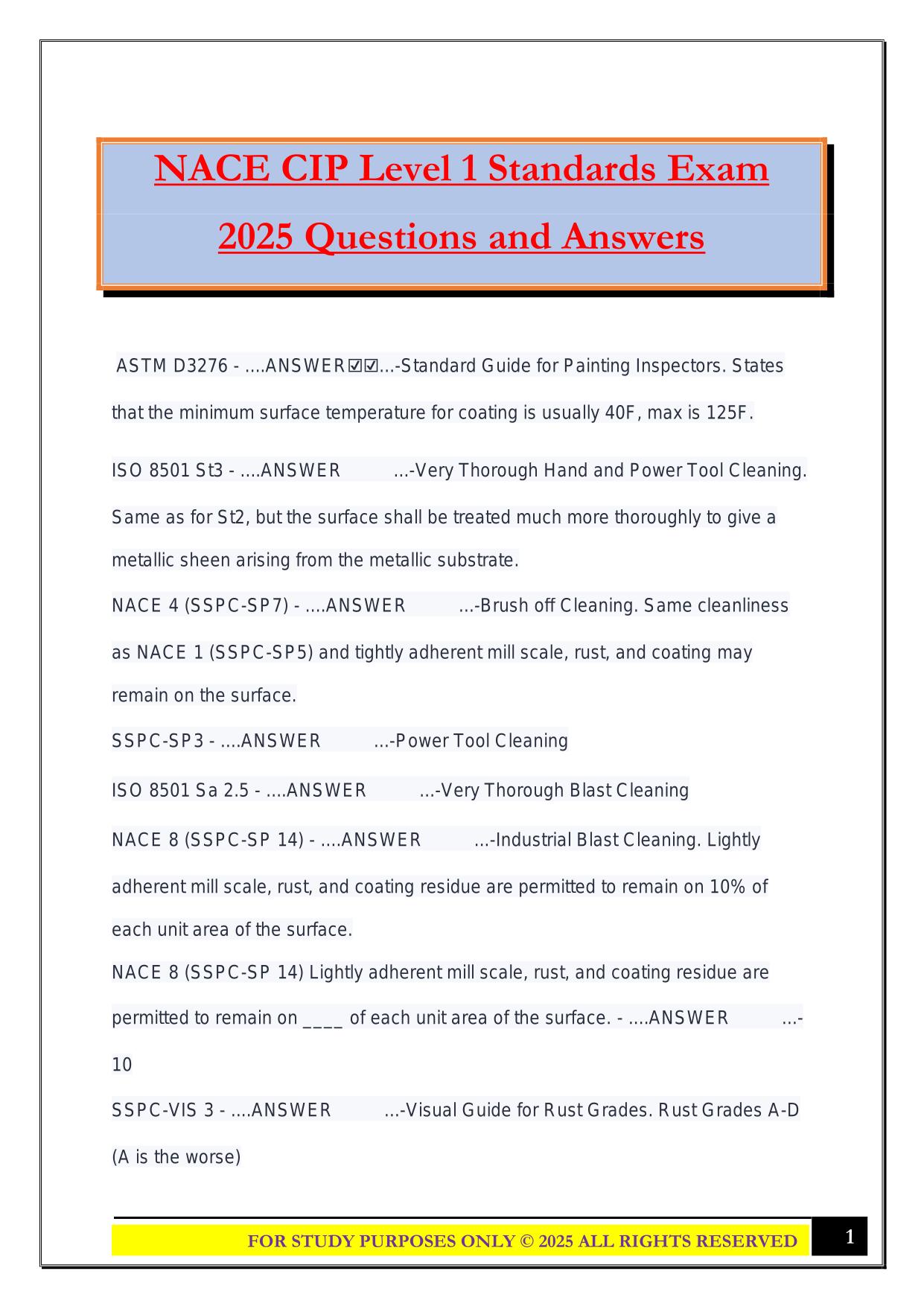 NACE CIP Level 1 Standards Exam 2025 Questions and Answers
