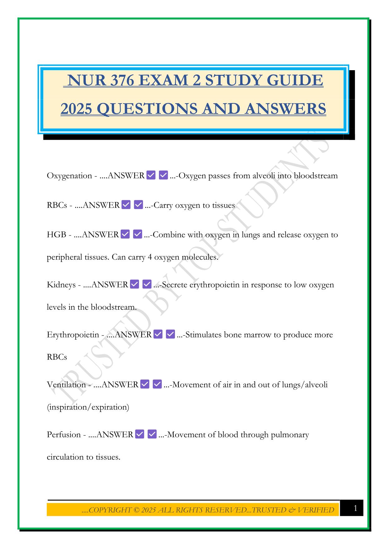 NUR 376 EXAM 2 STUDY GUIDE 2025 QUESTIONS AND ANSWERS