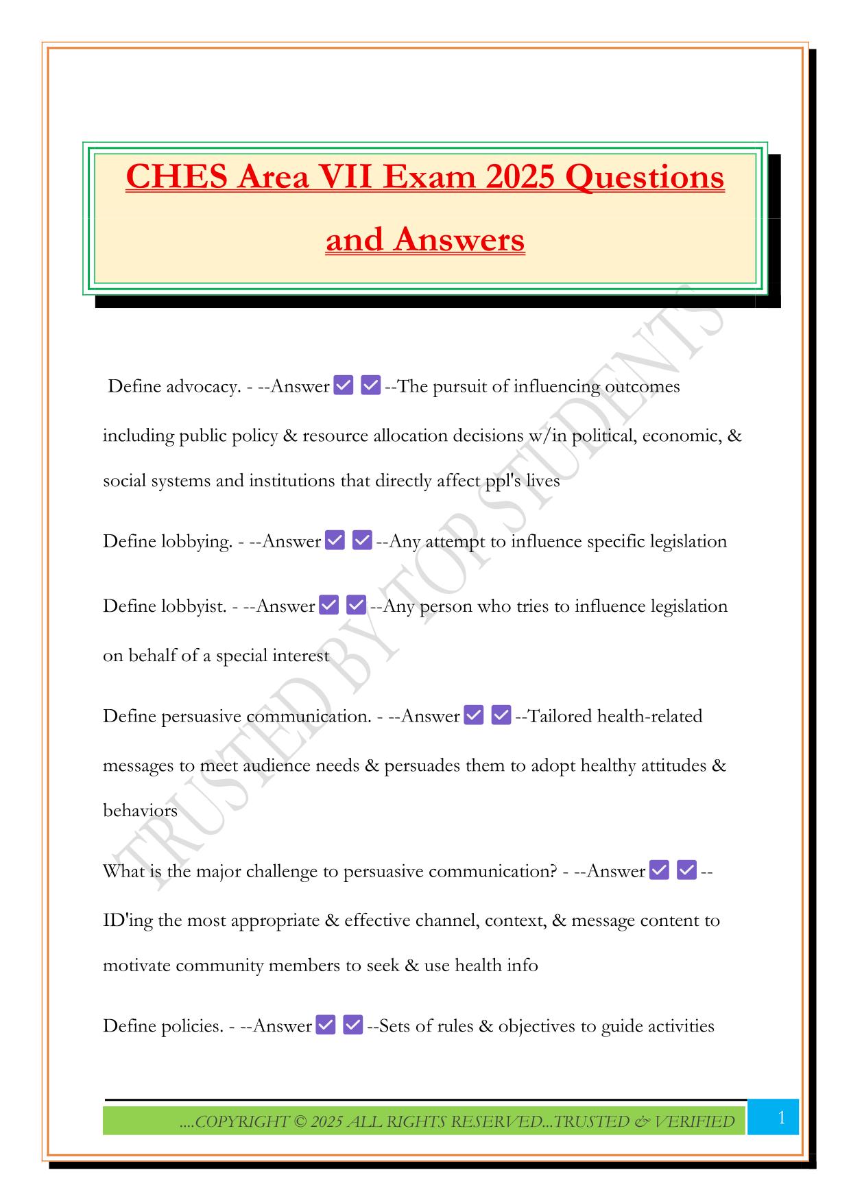 CHES Area VII Exam 2025 Questions and Answers