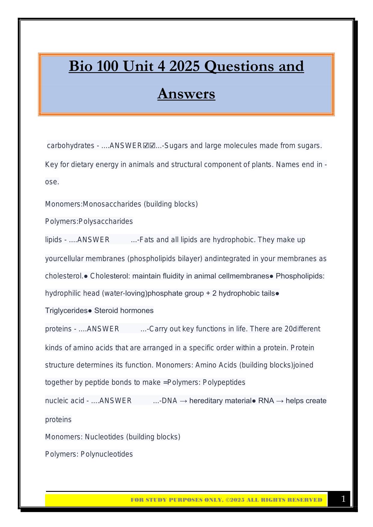 Bio 100 Unit 4 2025 Questions and Answers