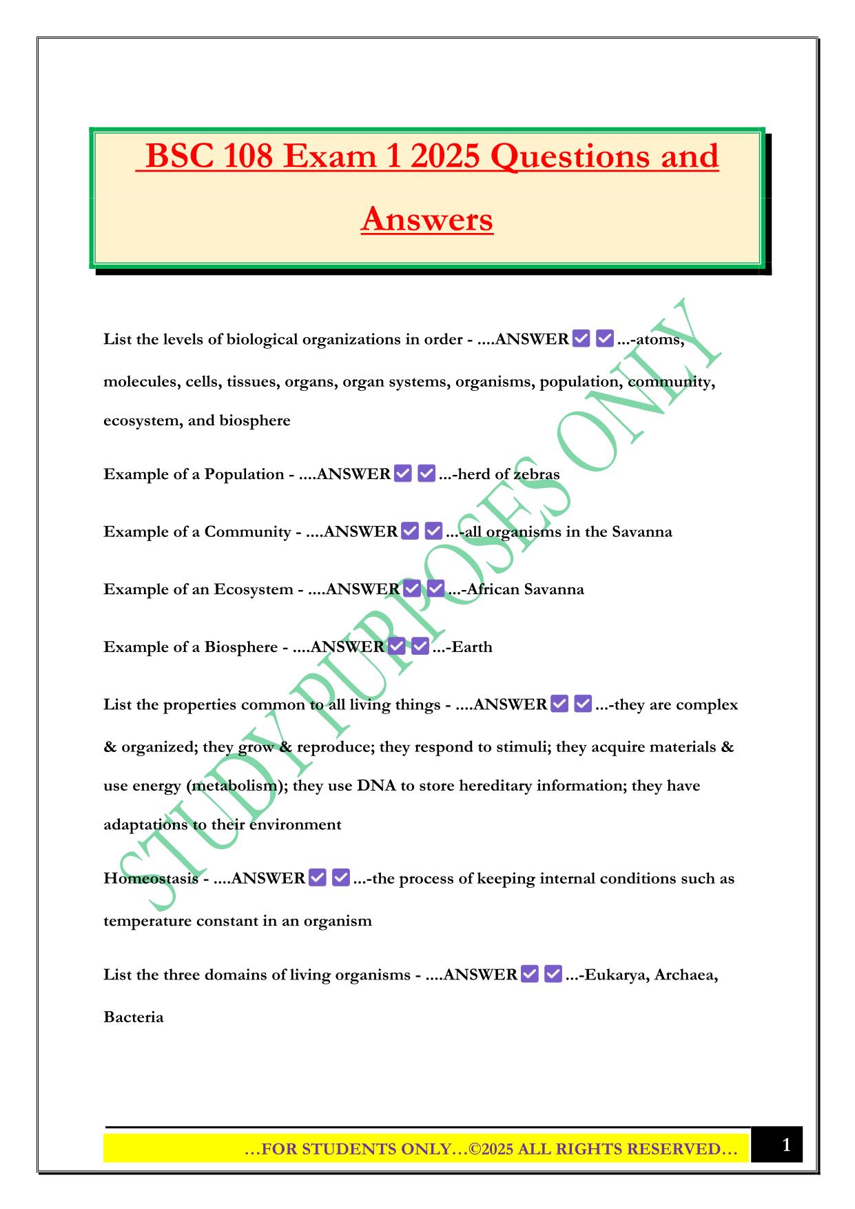 BSC 108 Exam 1 2025 Questions and Answers