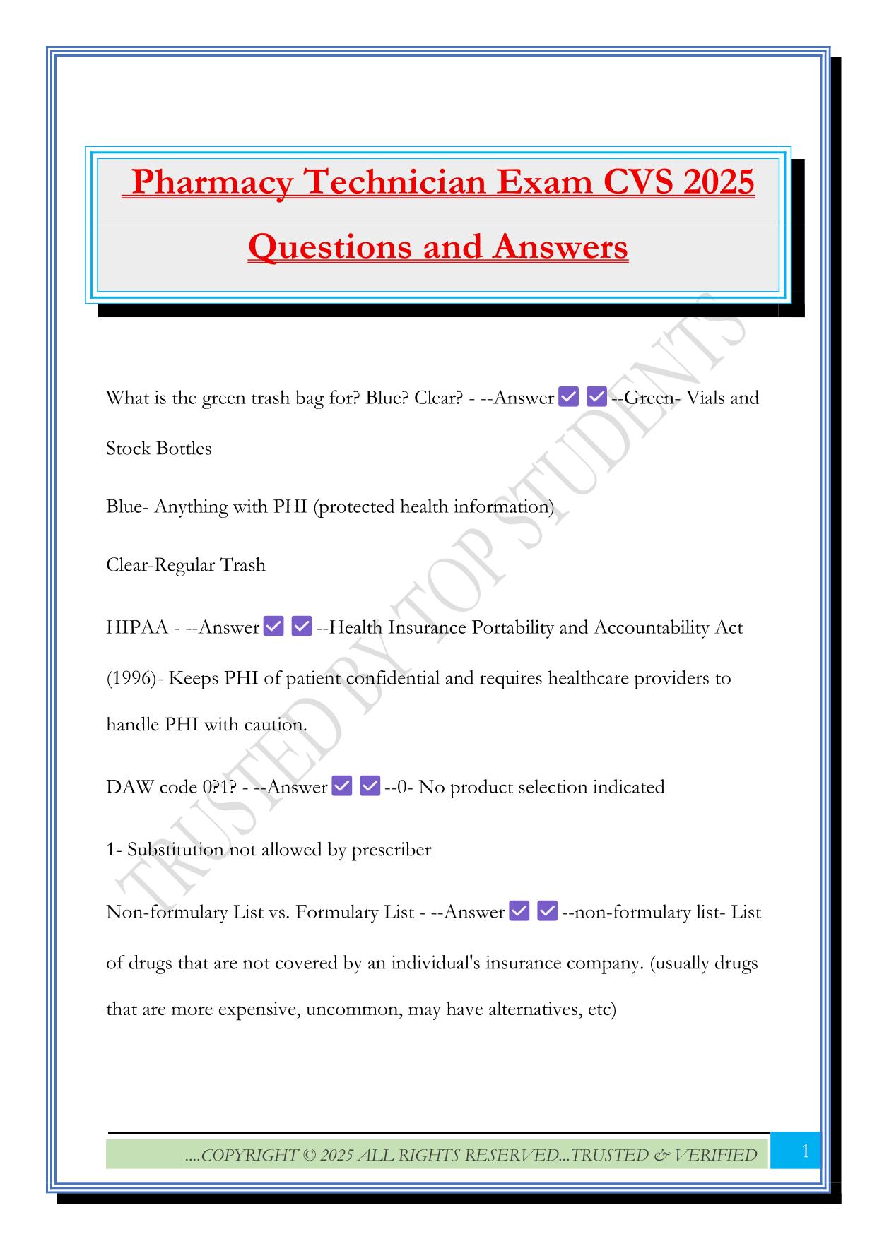 Pharmacy Technician Exam CVS 2025 Questions and Answers