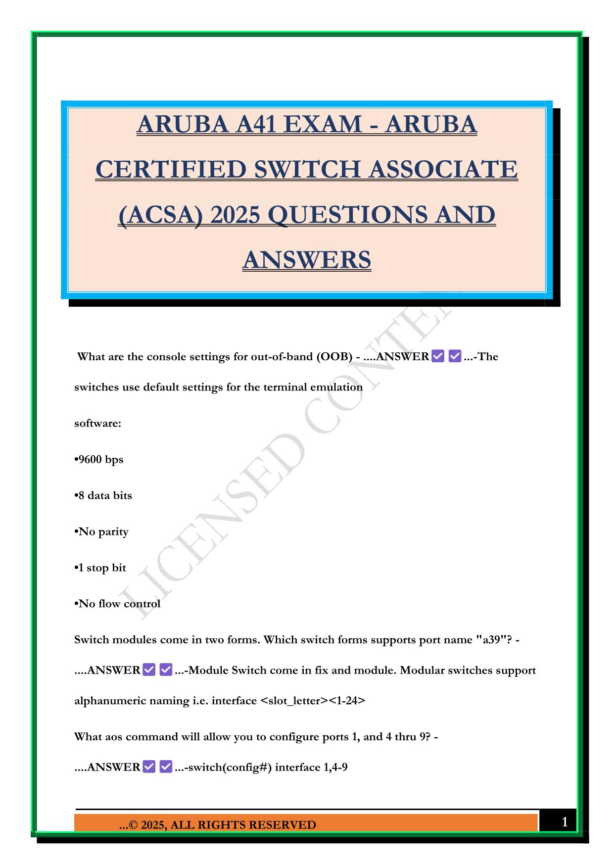 ARUBA A41 EXAM - ARUBA CERTIFIED SWITCH ASSOCIATE (ACSA) 2025 QUESTIONS AND ANSWERS