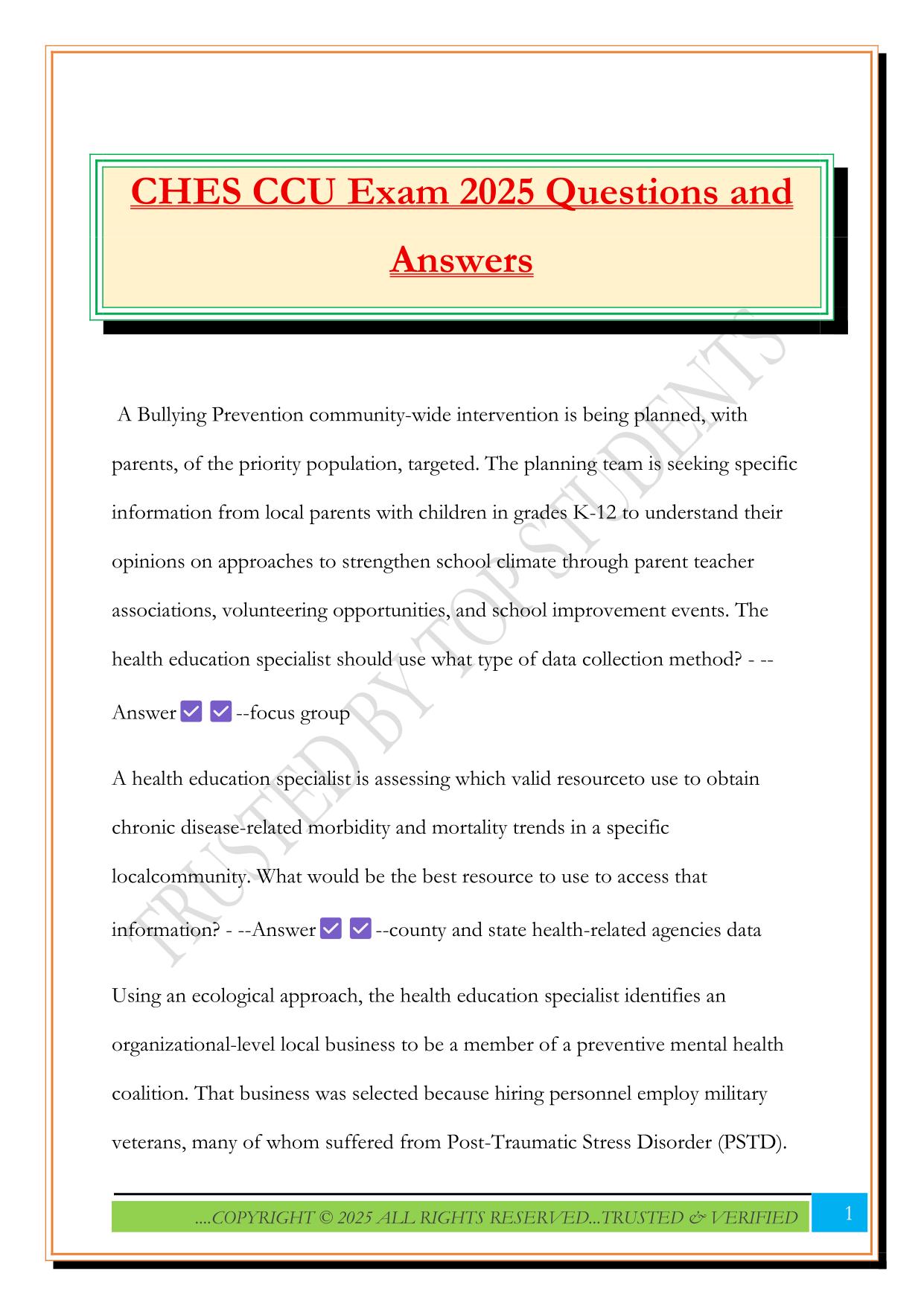 CHES CCU Exam 2025 Questions and Answers