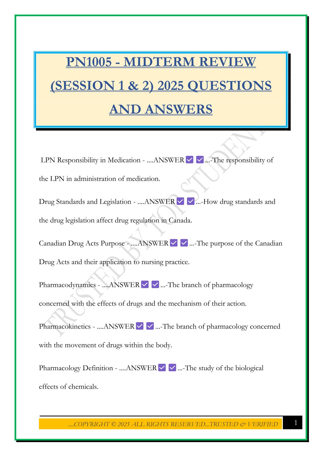 PN1005 - MIDTERM REVIEW (SESSION 1 & 2) 2025 QUESTIONS AND ANSWERS